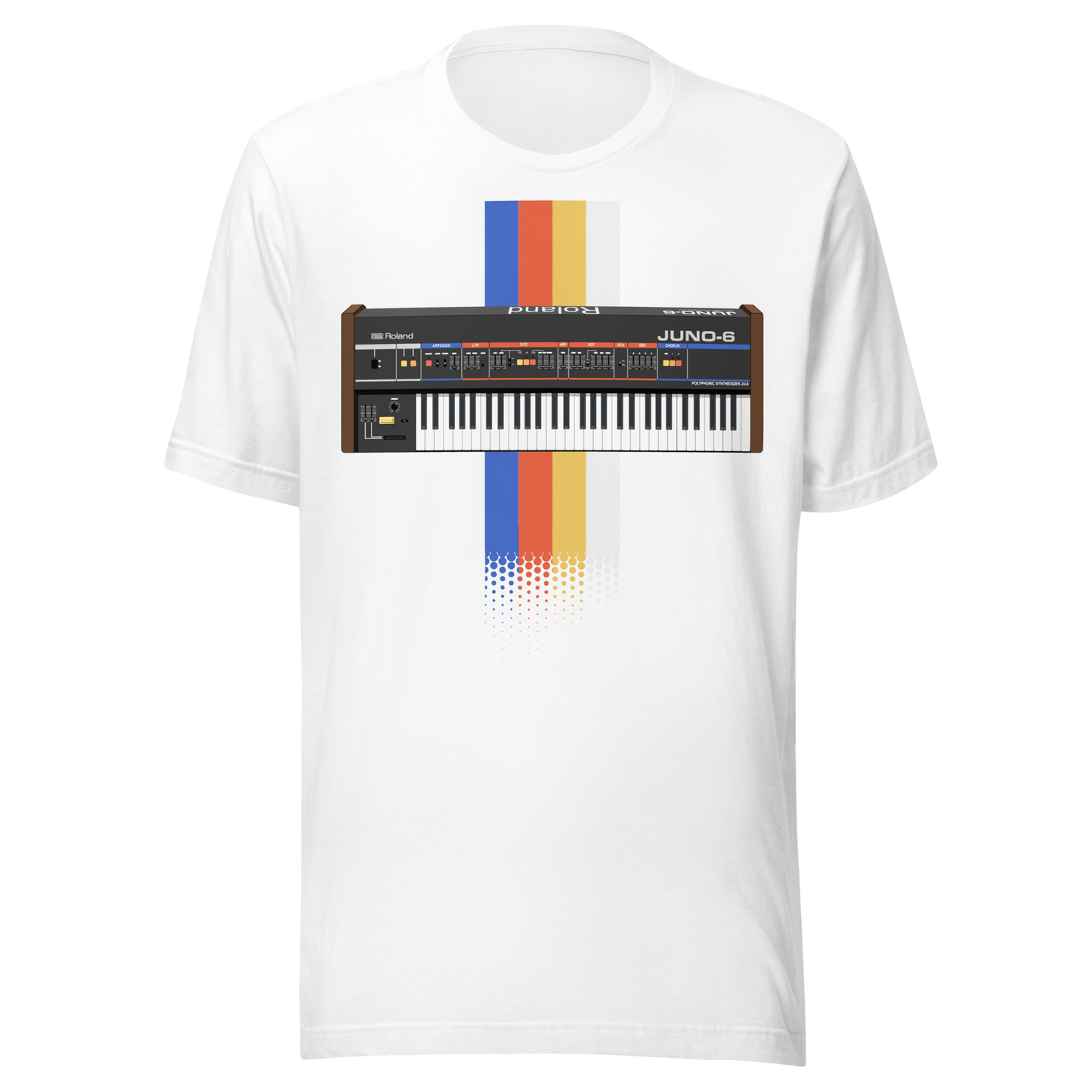 Roland Juno T Shirt white tee with Juno-style analogue synthesizer graphic