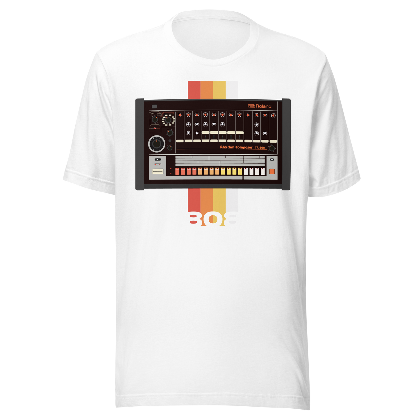 Roland 808 T Shirt white tee with TR-808-inspired drum machine graphic
