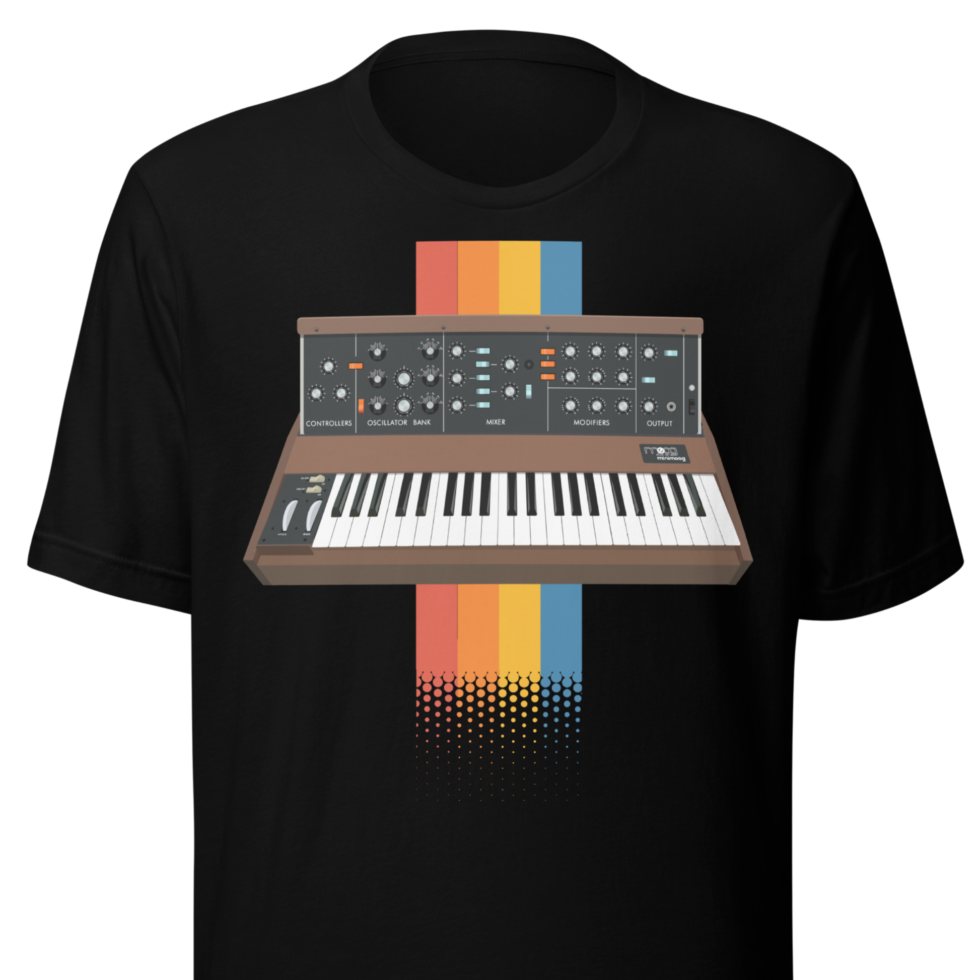 Moog Synthesizer T Shirt unisex tee with Minimoog and Model D-style synth graphic