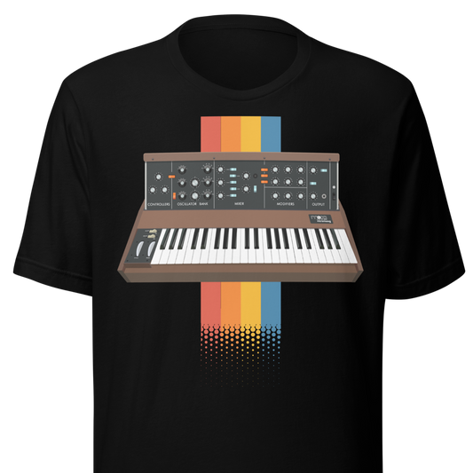 Moog Synthesizer T Shirt unisex tee with Minimoog and Model D-style synth graphic