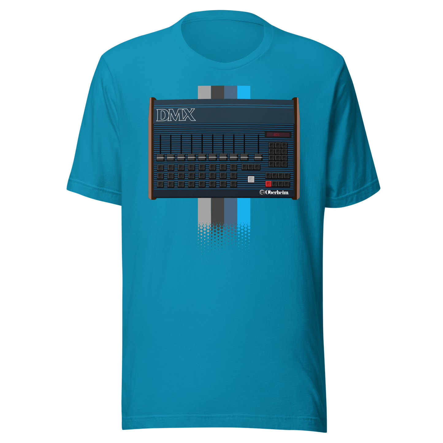 DMX T Shirt aqua tee with Oberheim DMX-inspired drum machine graphic