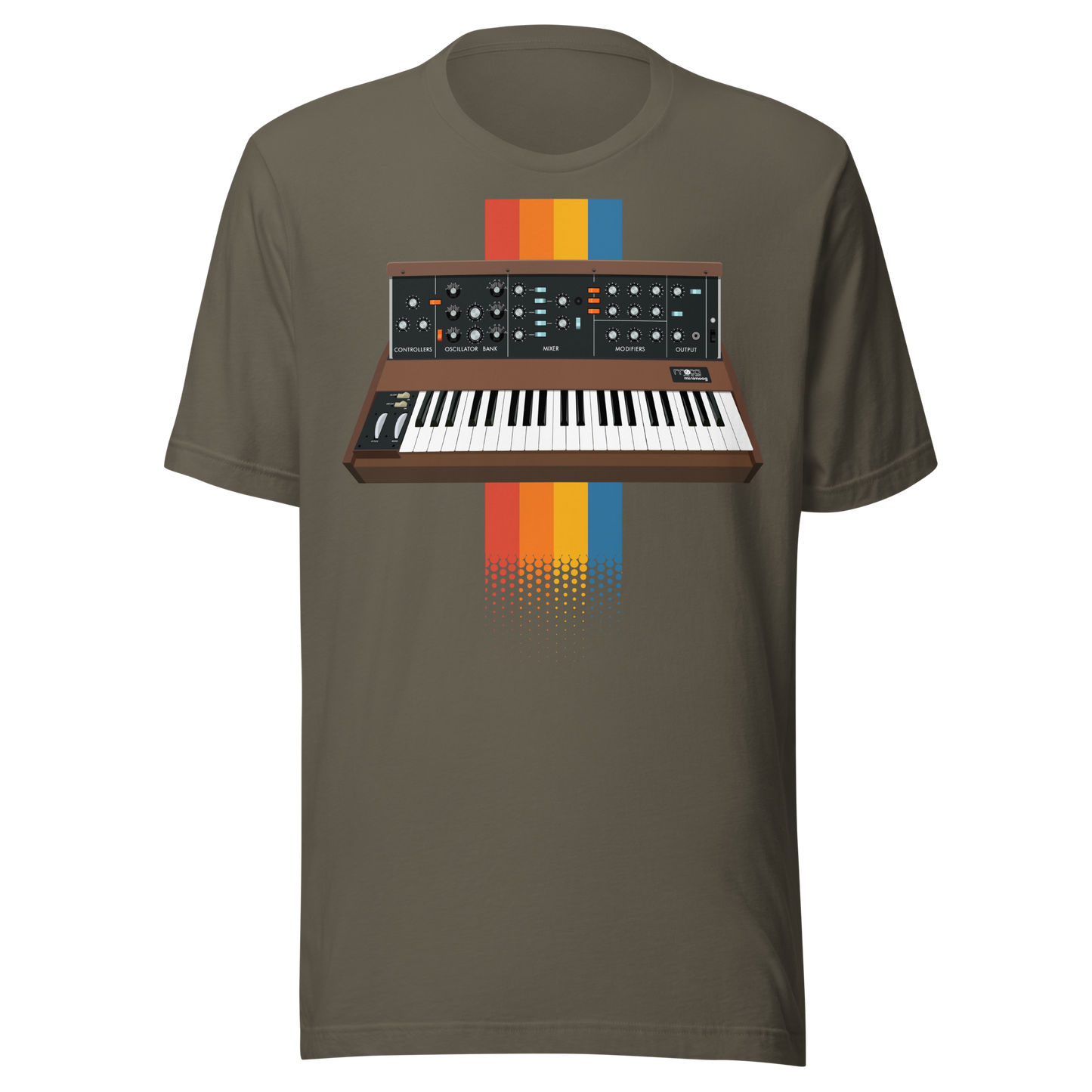 Moog Synthesizer T Shirt army tee with Minimoog and Model D-style synth graphic
