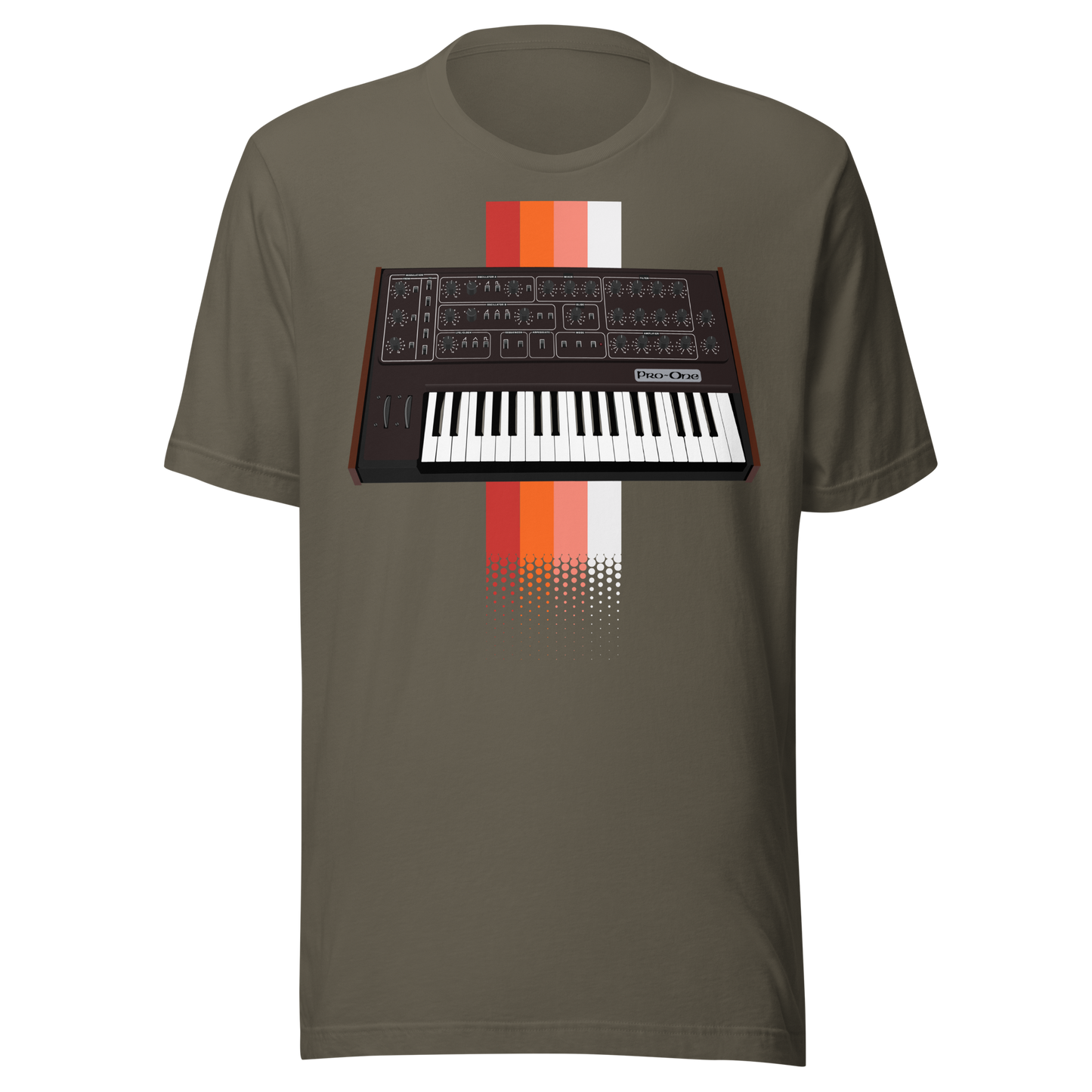 Pro One T Shirt army tee with Sequential Circuits Pro-One-inspired synth graphic