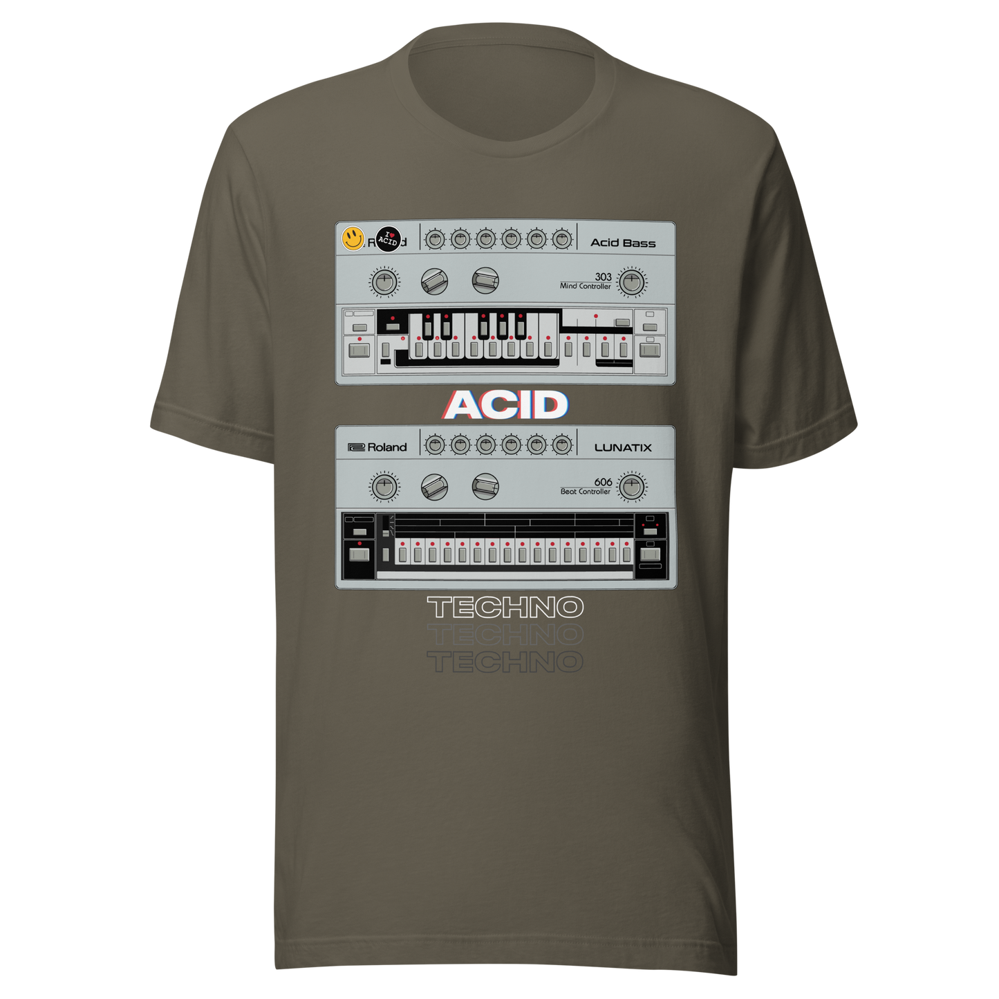 Acid Techno T Shirt army tee with 303 bass synth and 606 drum machine-inspired graphic