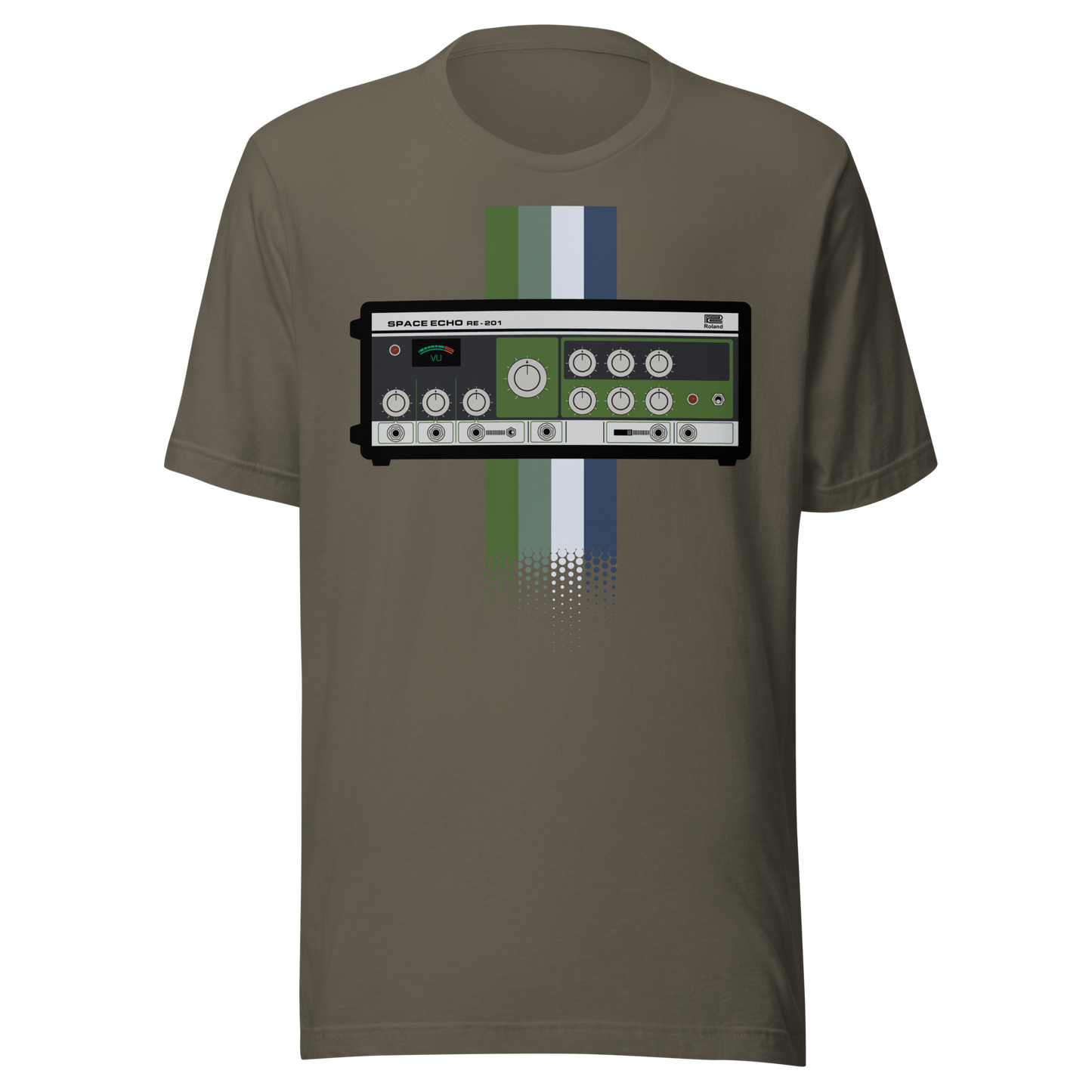 Space Echo T Shirt army tee with Roland Space Echo-inspired tape delay graphic
