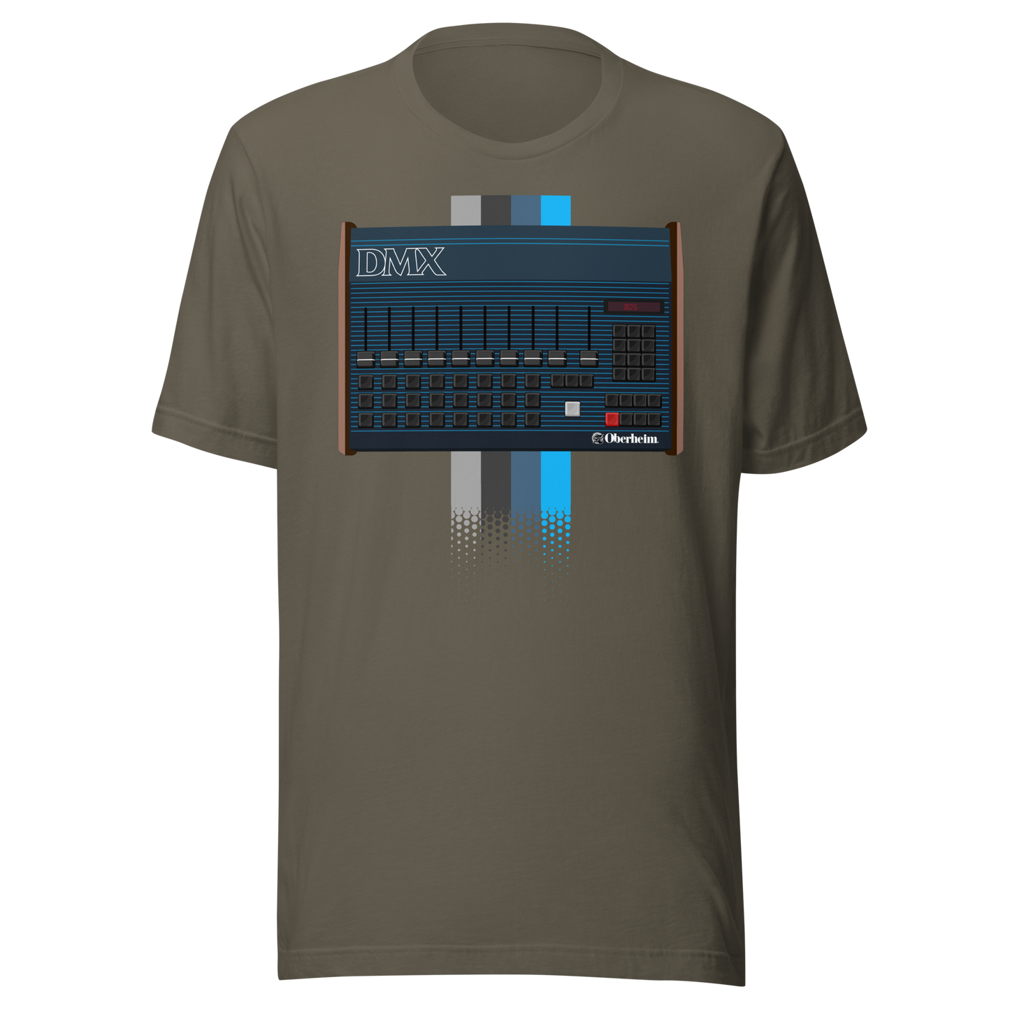 DMX T Shirt army tee with Oberheim DMX-inspired drum machine graphic