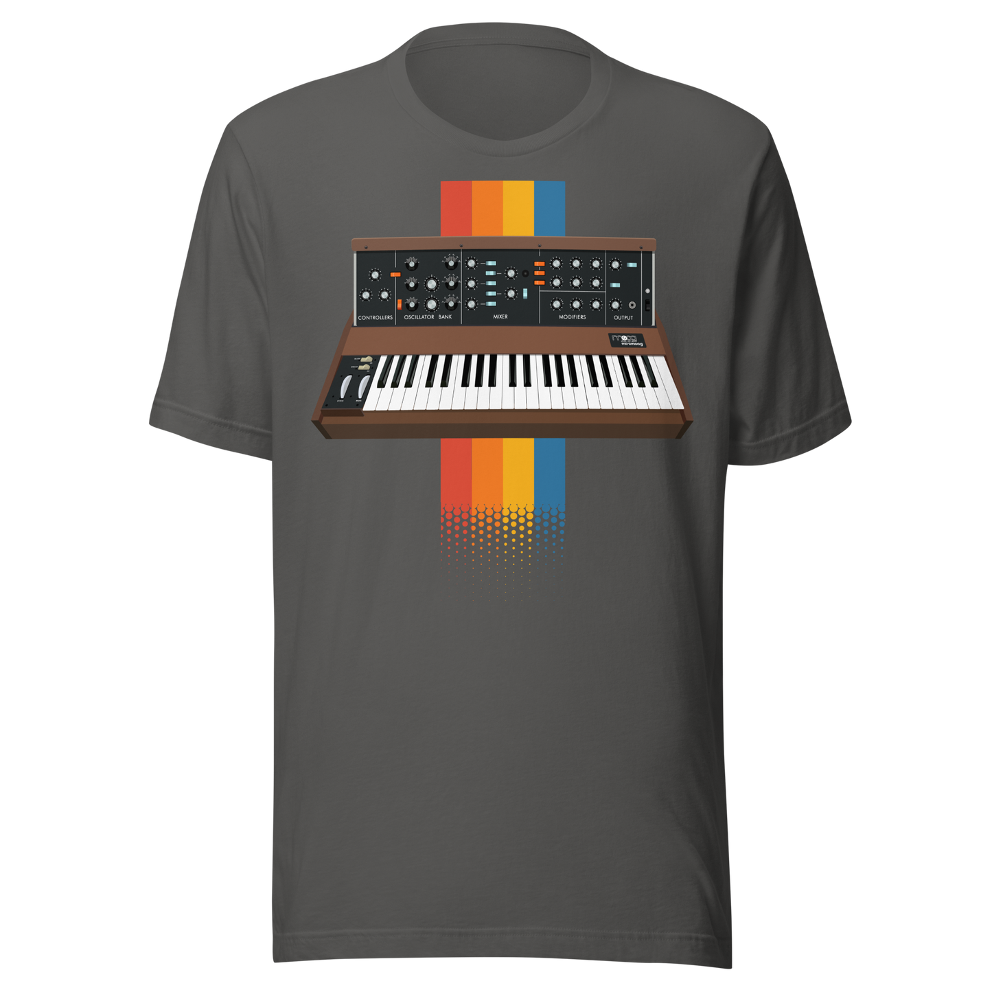 Moog Synthesizer T Shirt asphalt tee with Minimoog and Model D-style synth graphic