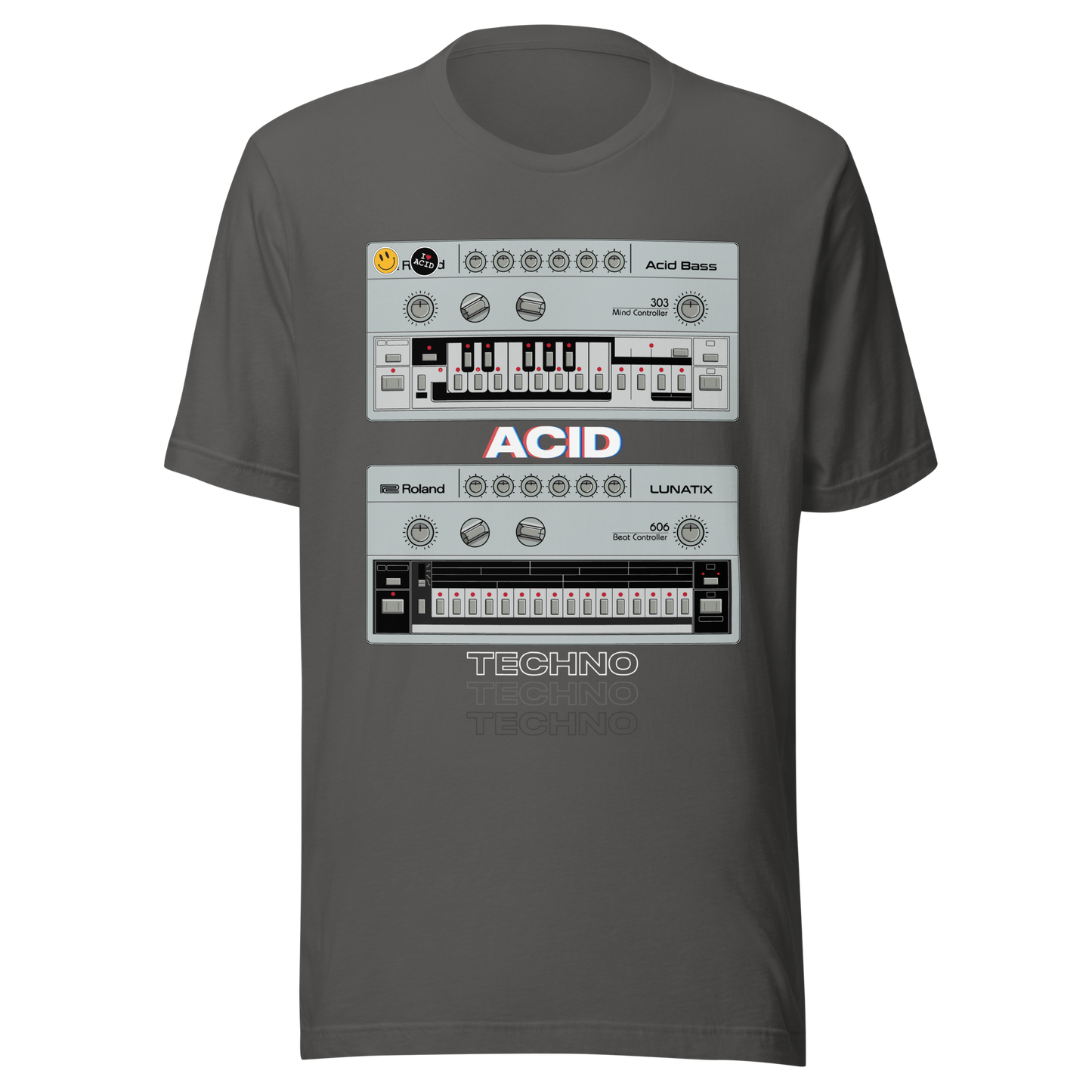 Acid Techno T Shirt asphalt tee with 303 bass synth and 606 drum machine-inspired graphic