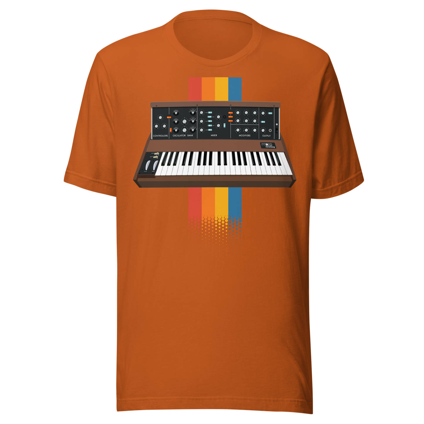 Moog Synthesizer T Shirt autumn tee with Minimoog and Model D-style synth graphic