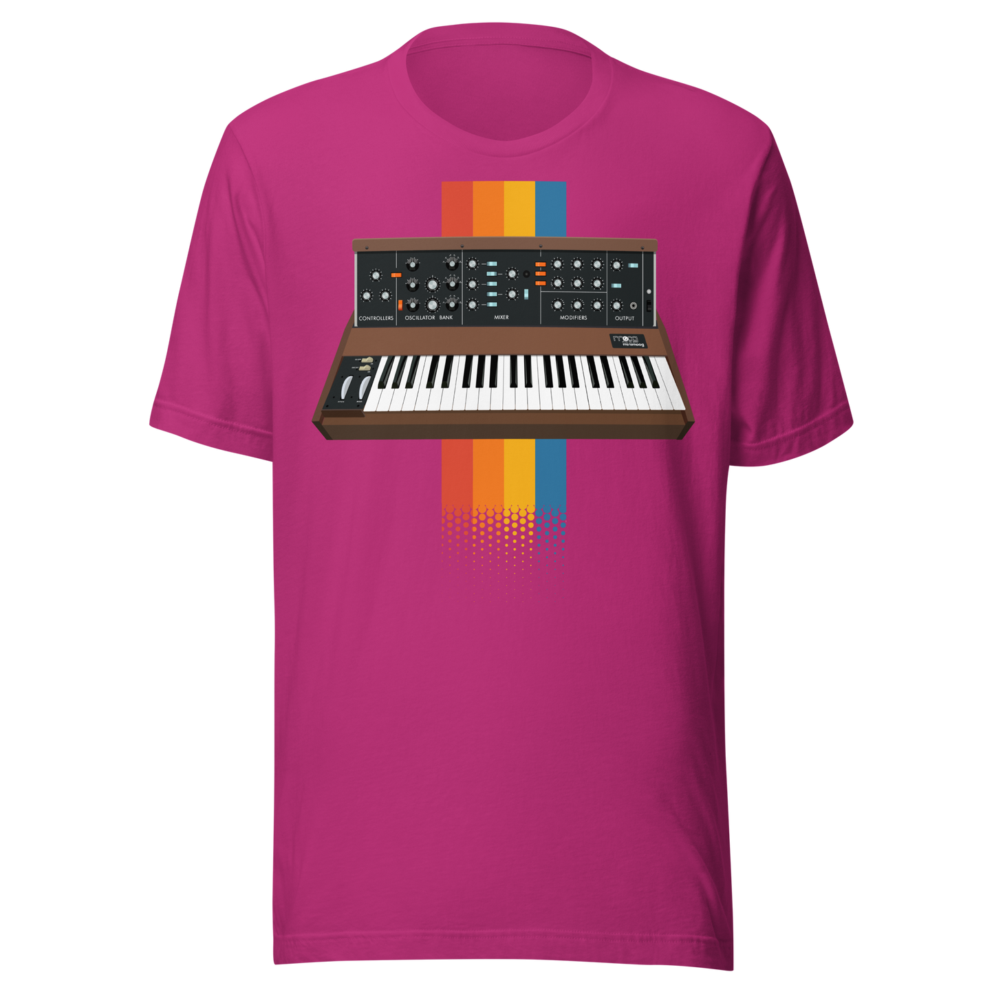 Moog Synthesizer T Shirt berry tee with Minimoog and Model D-style synth graphic