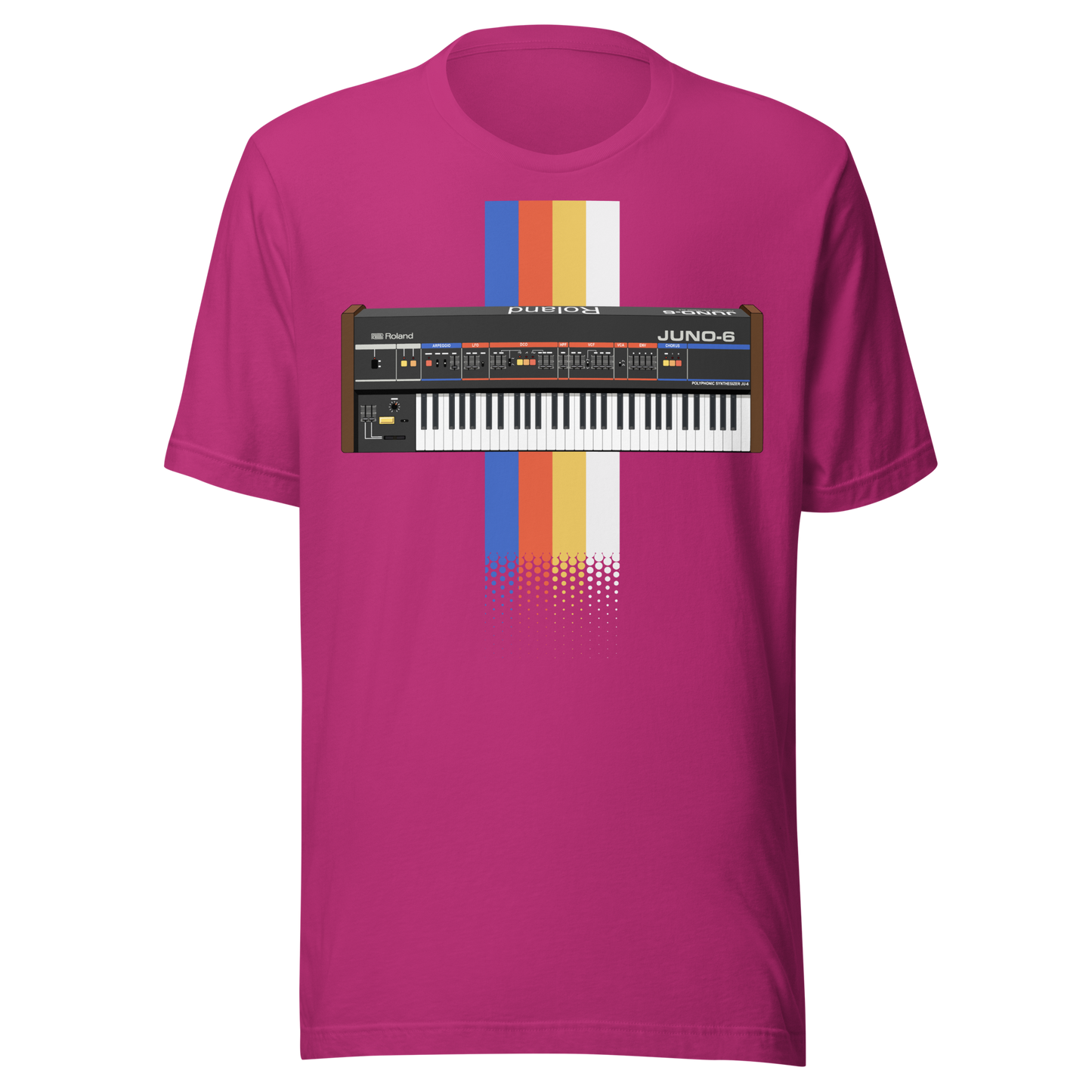 Roland Juno T Shirt berry tee with Juno-style analogue synthesizer graphic