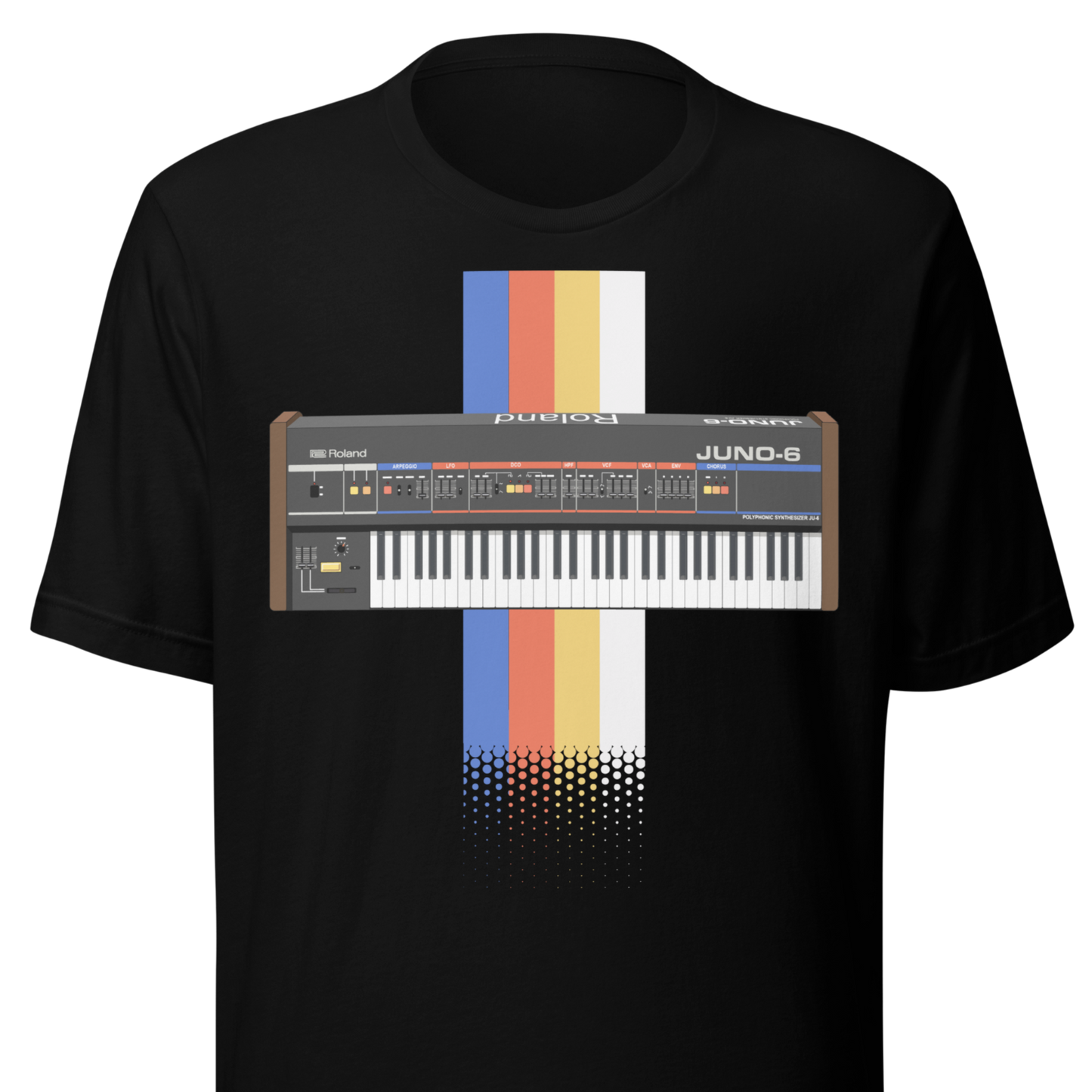 Roland Juno T Shirt unisex tee with Juno-style analogue synthesizer graphic