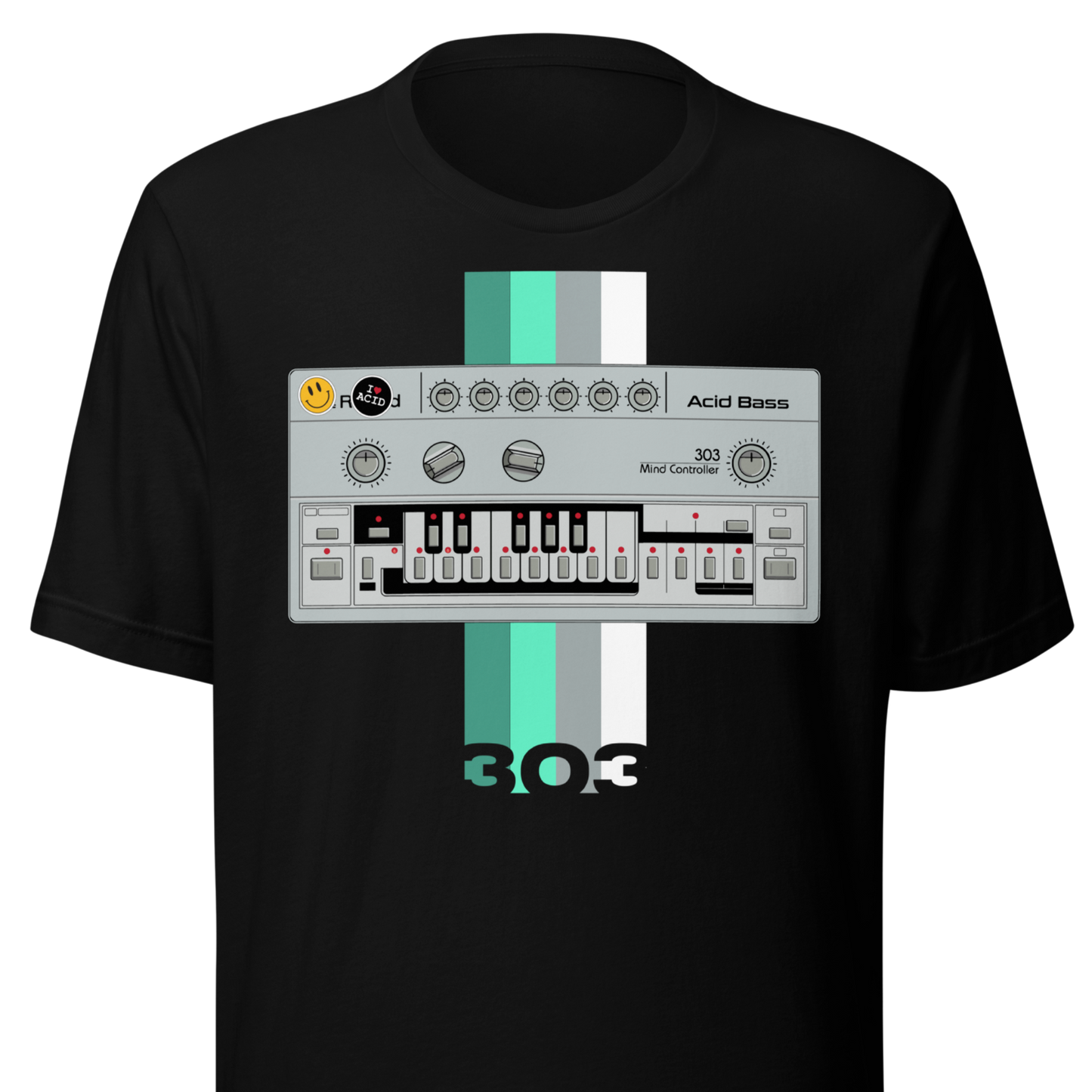TB 303 T Shirt unisex tee with Roland TB-303-inspired acid house synth graphic