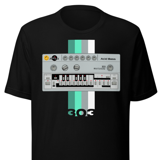 TB 303 T Shirt unisex tee with Roland TB-303-inspired acid house synth graphic