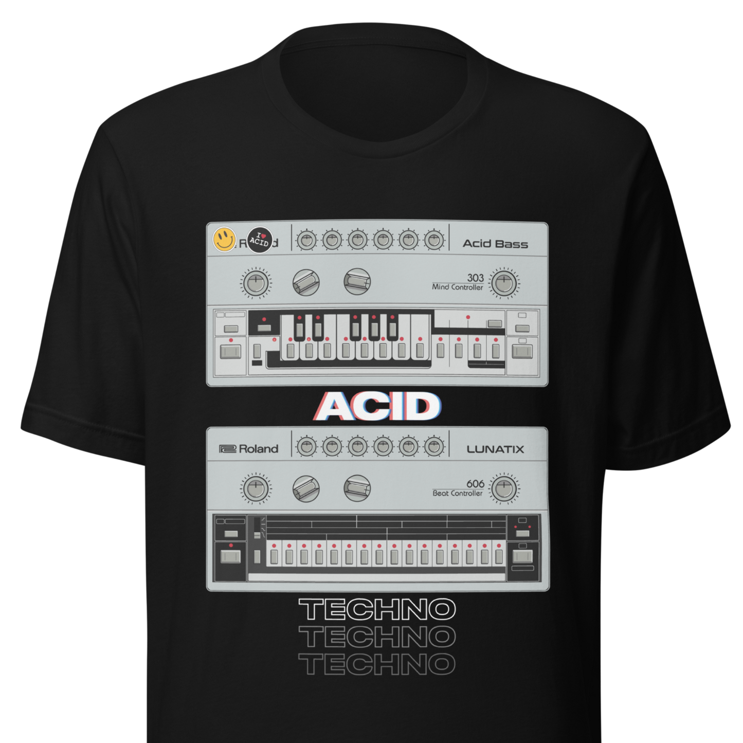 Acid Techno T Shirt unisex tee with 303 bass synth and 606 drum machine-inspired graphic
