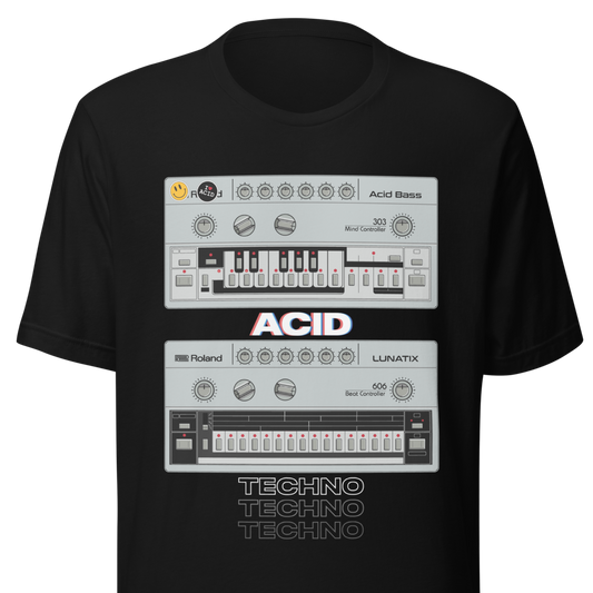 Acid Techno T Shirt unisex tee with 303 bass synth and 606 drum machine-inspired graphic