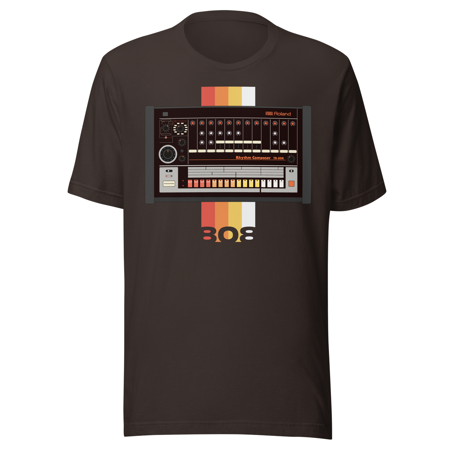 Roland 808 T Shirt brown tee with TR-808-inspired drum machine graphic