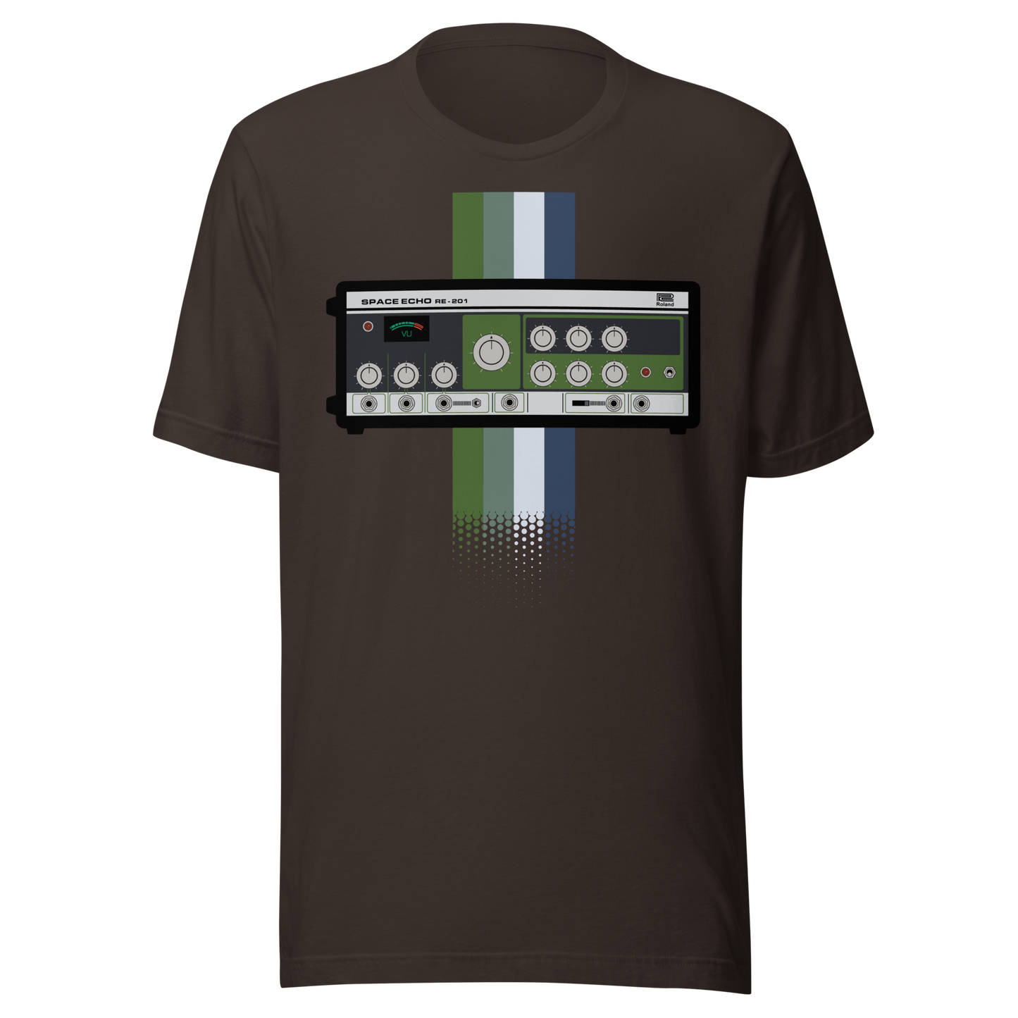 Space Echo T Shirt brown tee with Roland Space Echo-inspired tape delay graphic