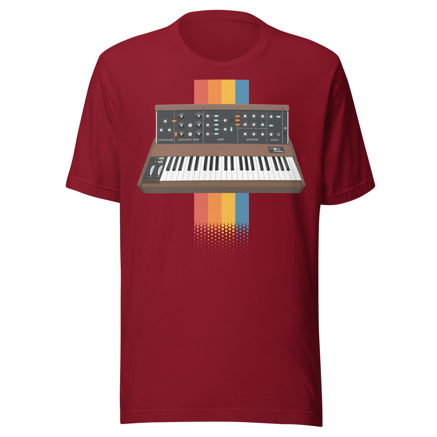 Moog Synthesizer T Shirt cardinal tee with Minimoog and Model D-style synth graphic