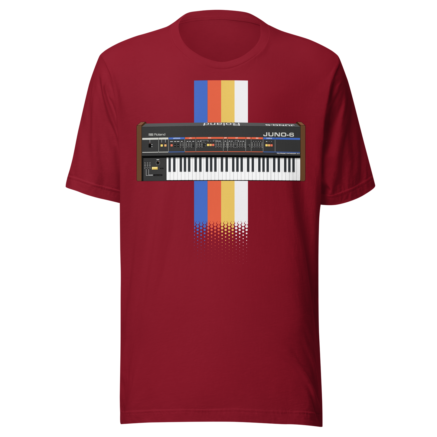 Roland Juno T Shirt cardinal tee with Juno-style analogue synthesizer graphic