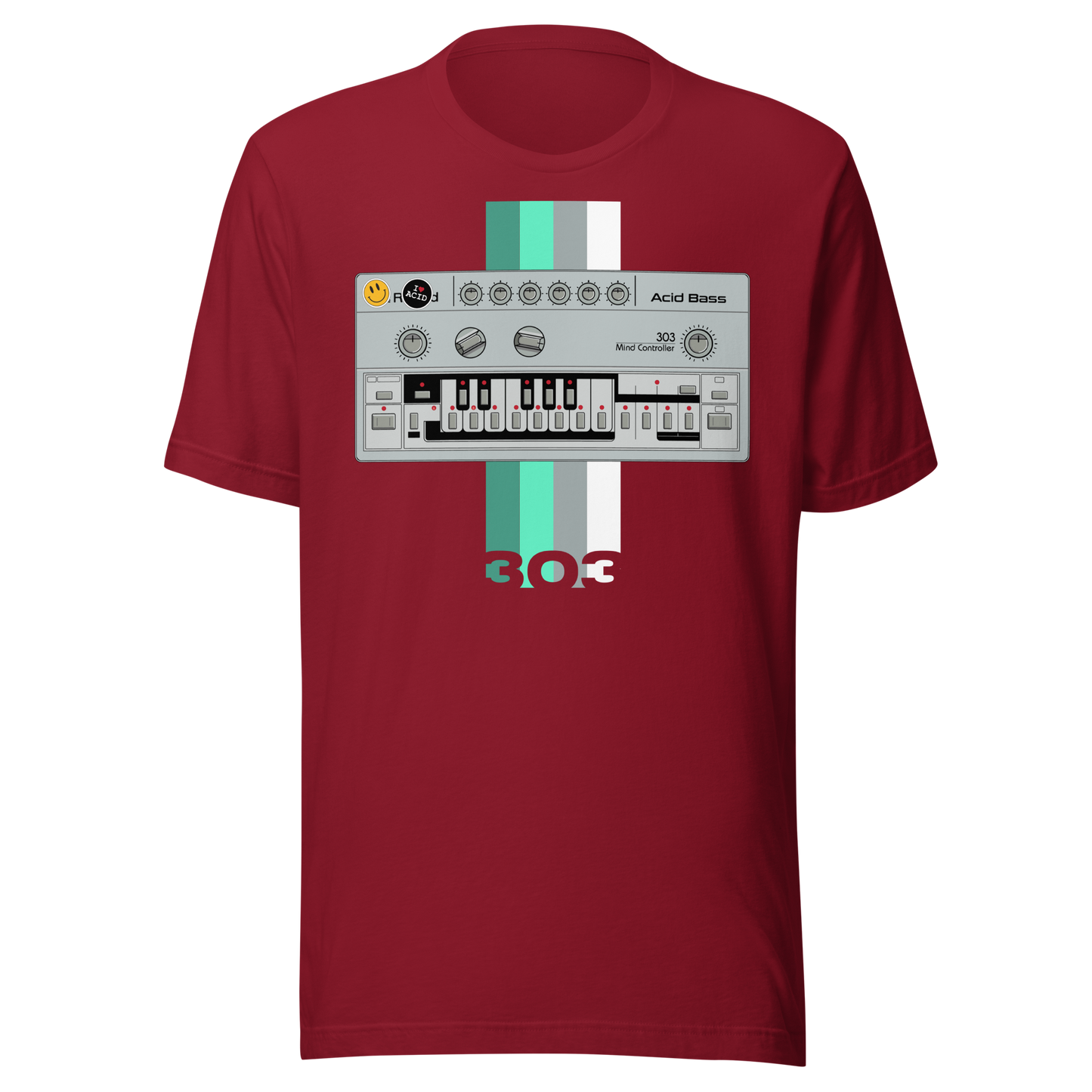 TB 303 T Shirt cardinal tee with Roland TB-303-inspired acid house synth graphic
