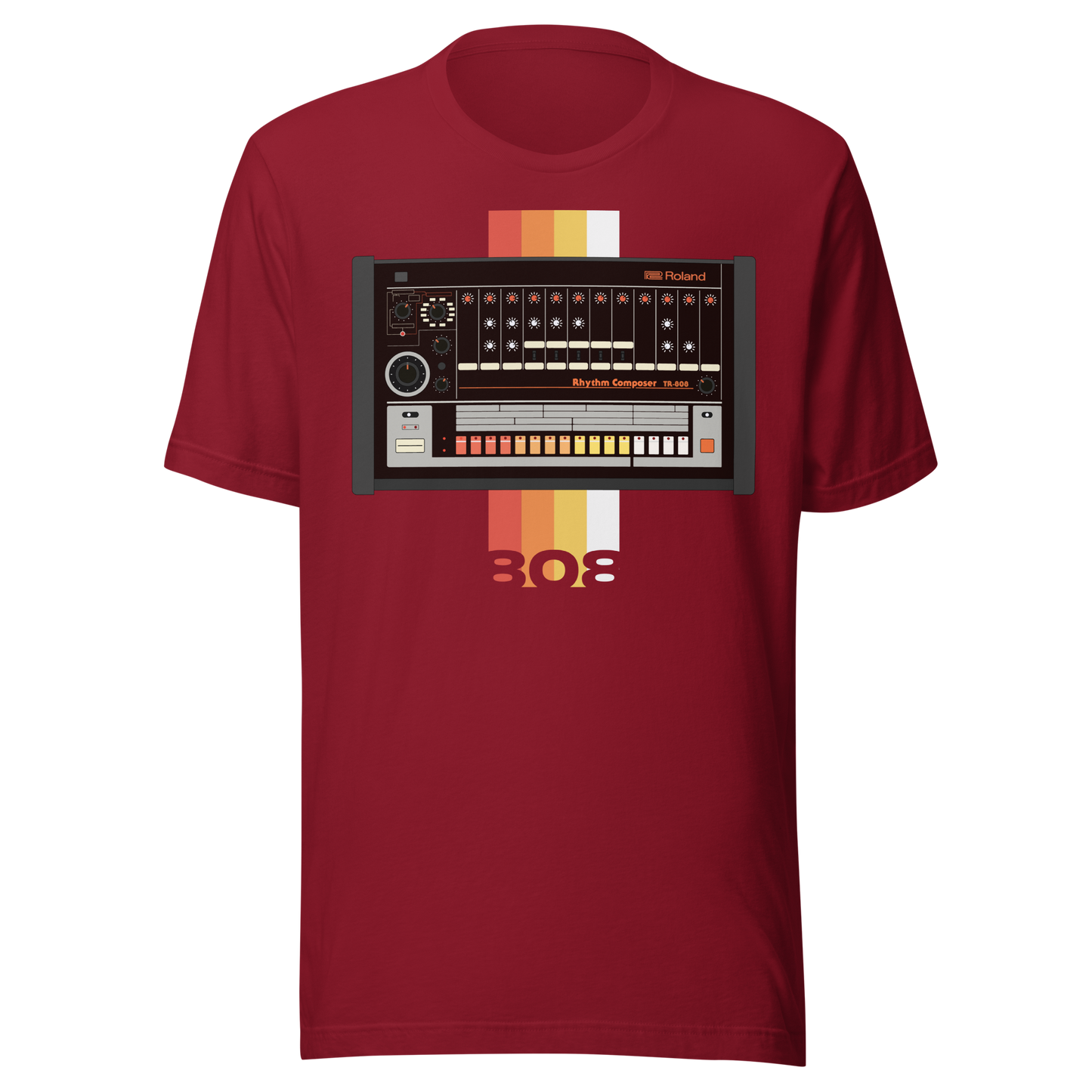 Roland 808 T Shirt cardinal tee with TR-808-inspired drum machine graphic
