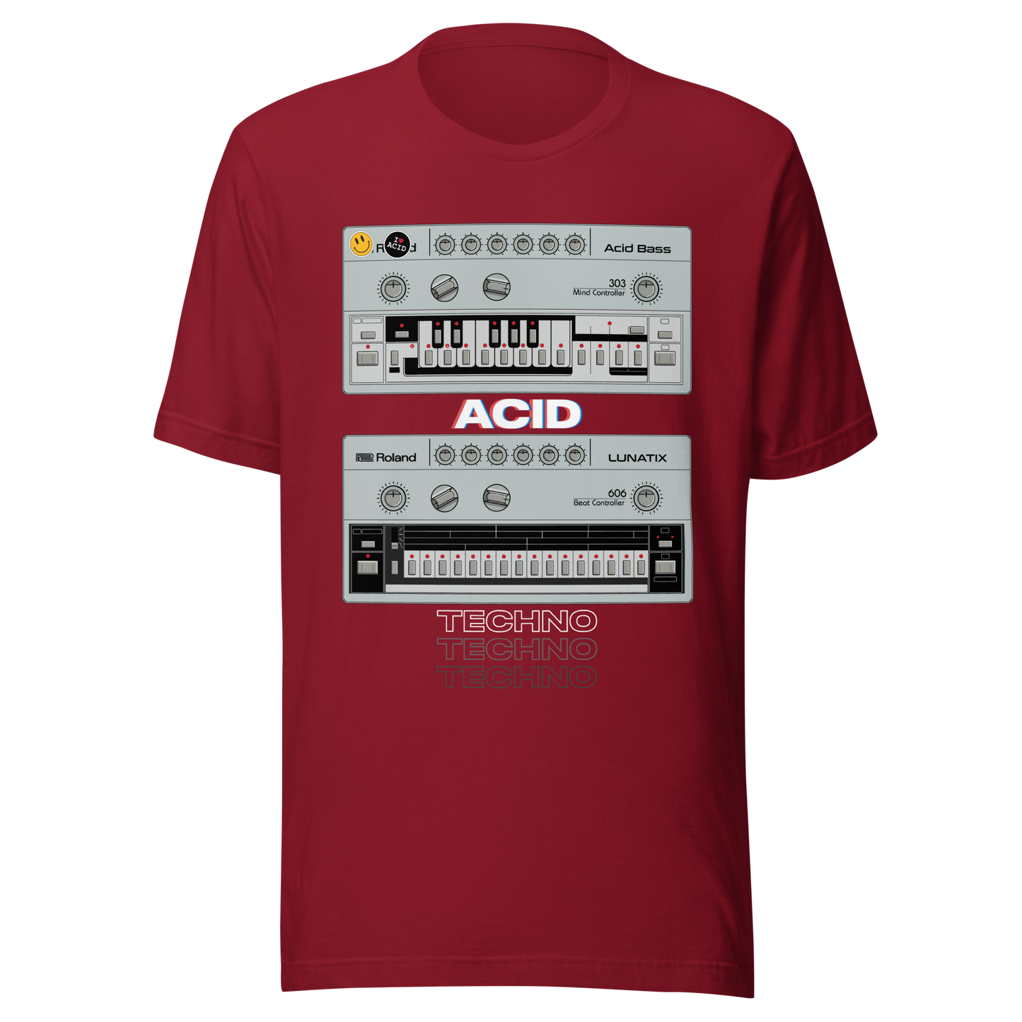 Acid Techno T Shirt cardinal tee with 303 bass synth and 606 drum machine-inspired graphic