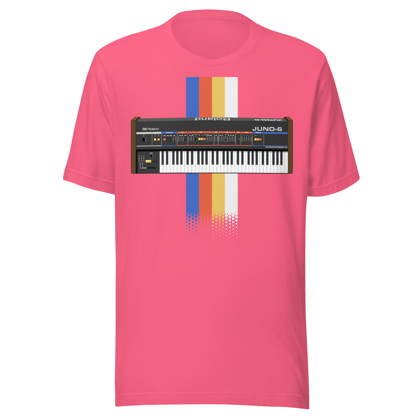 Roland Juno T Shirt charity pink tee with Juno-style analogue synthesizer graphic