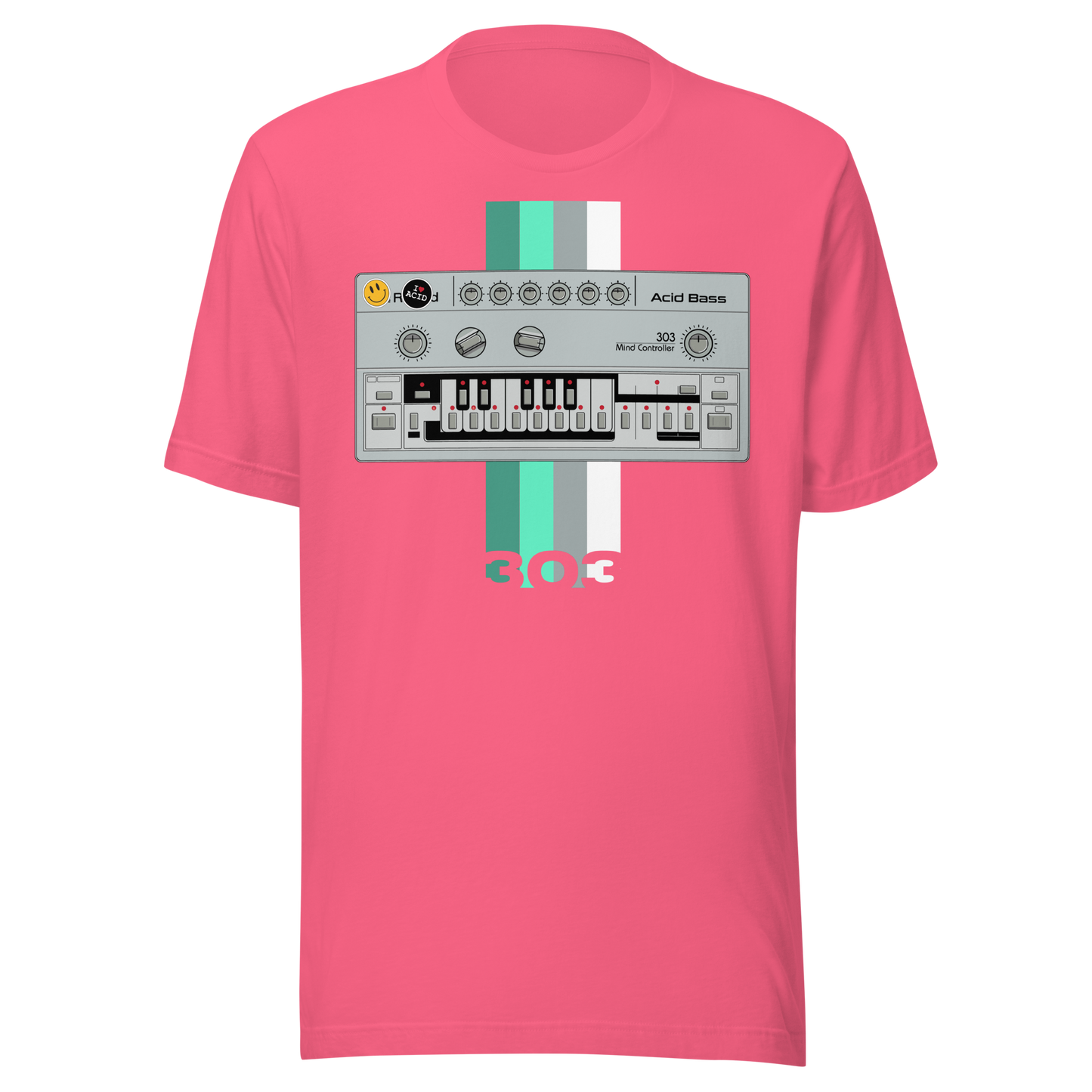 TB 303 T Shirt charity pink tee with Roland TB-303-inspired acid house synth graphic