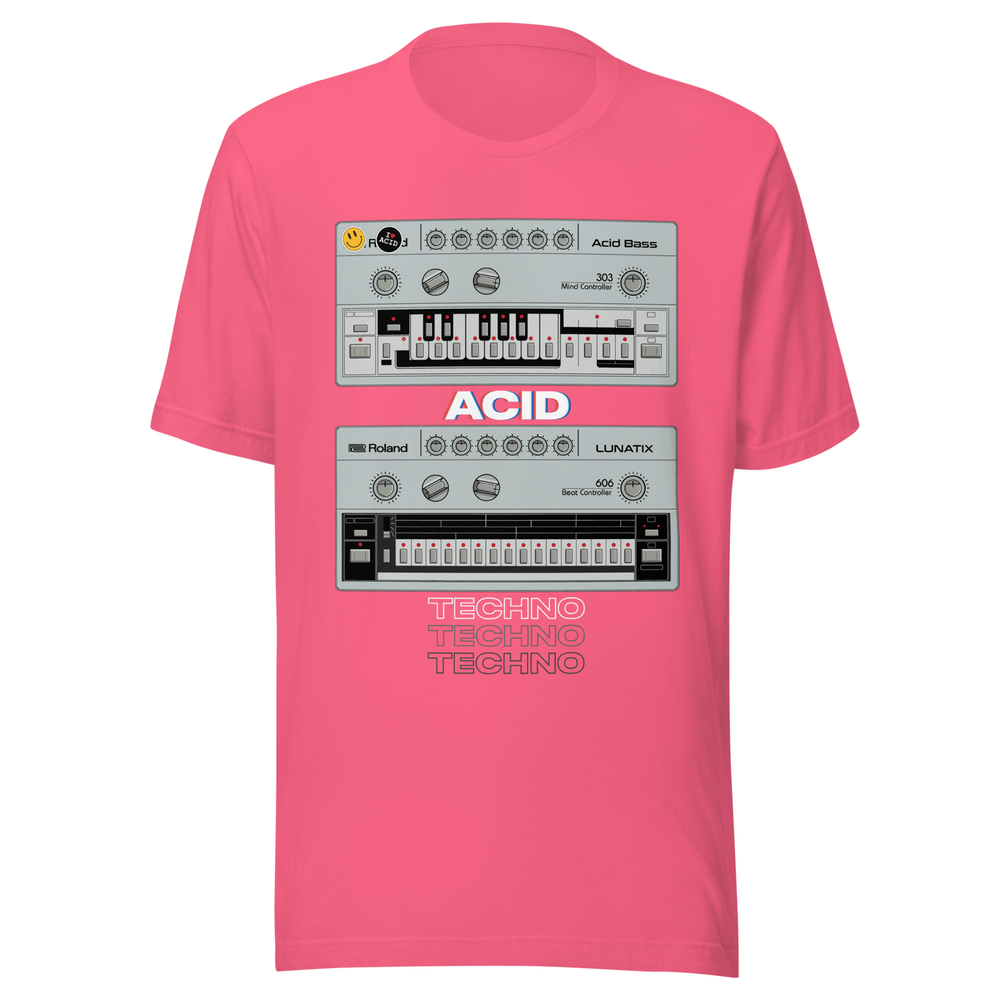 Acid Techno T Shirt charity pink tee with 303 bass synth and 606 drum machine-inspired graphic