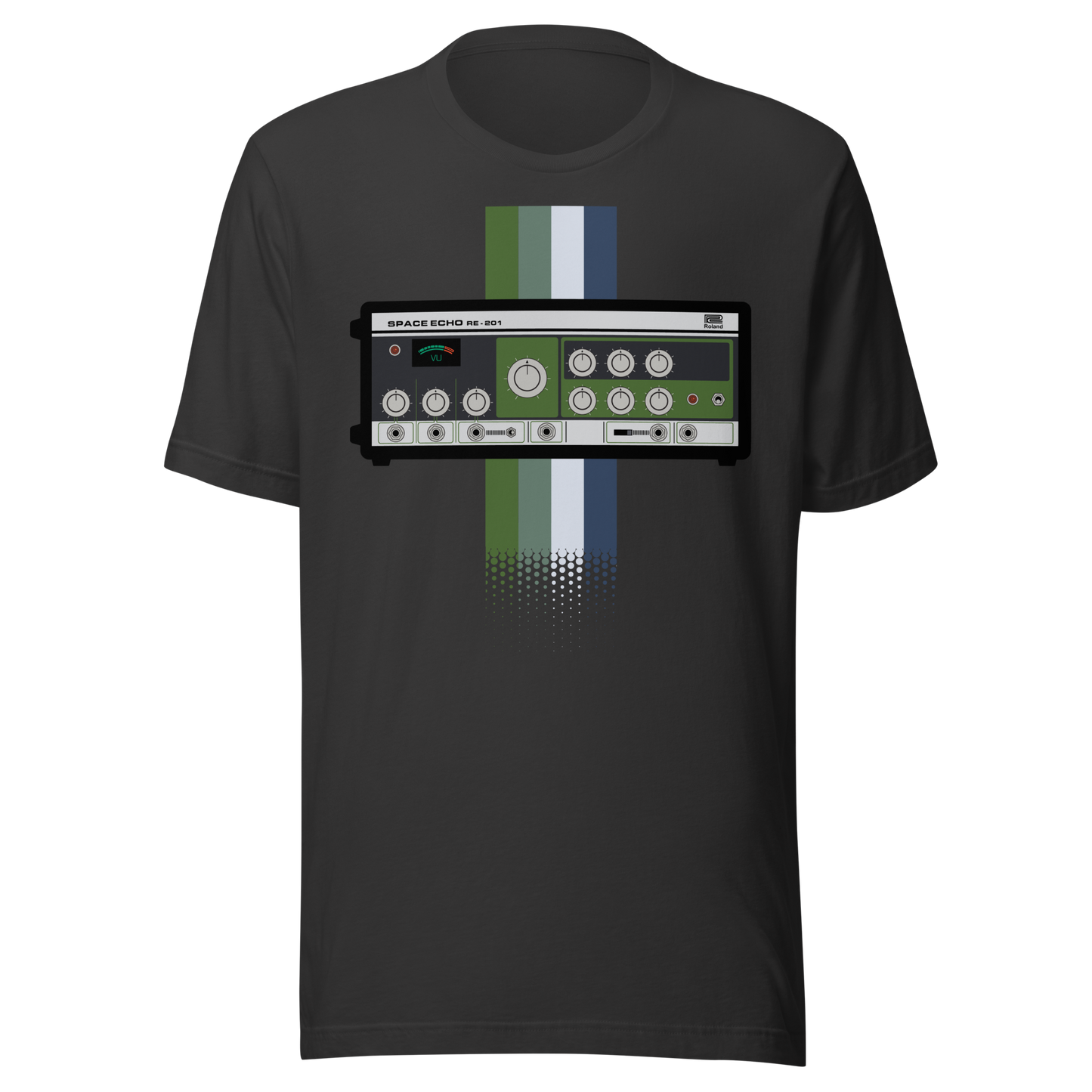 Space Echo T Shirt dark grey tee with Roland Space Echo-inspired tape delay graphic