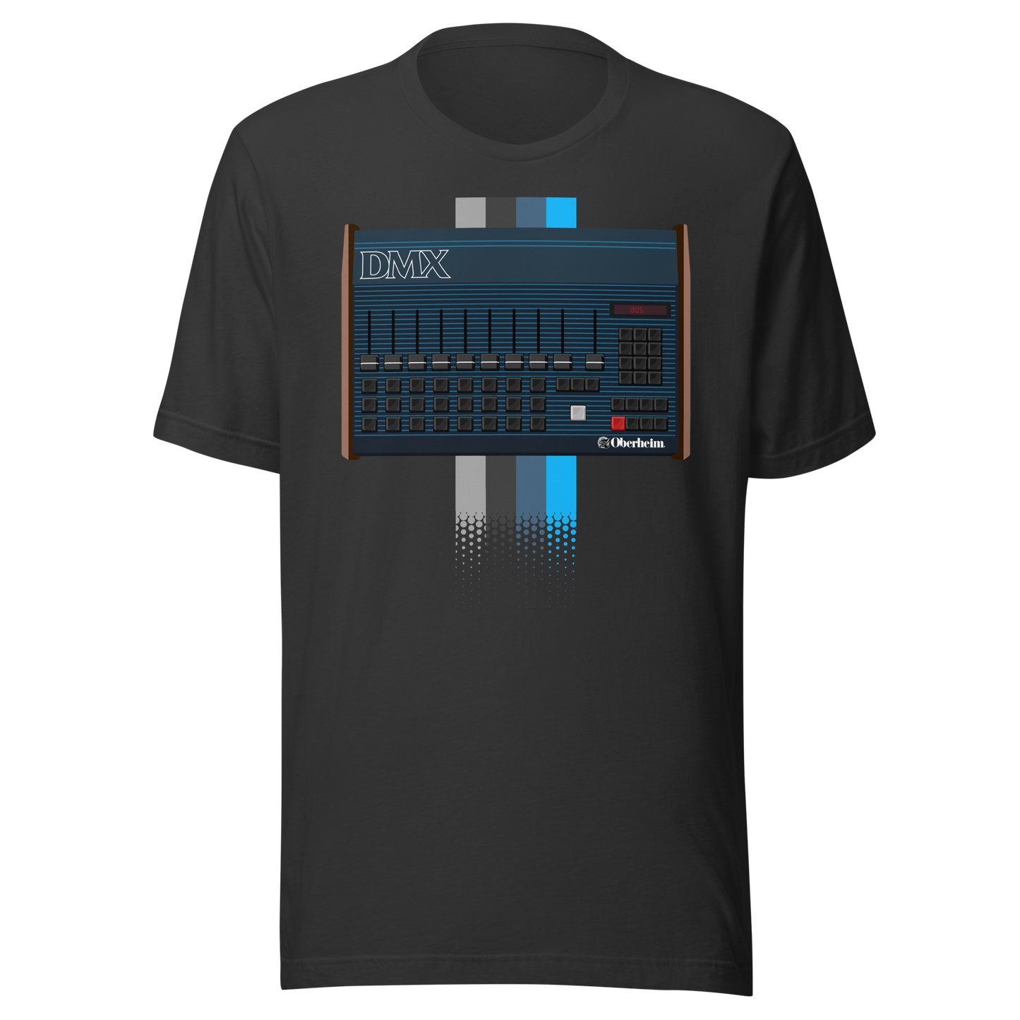 DMX T Shirt dark grey tee with Oberheim DMX-inspired drum machine graphic