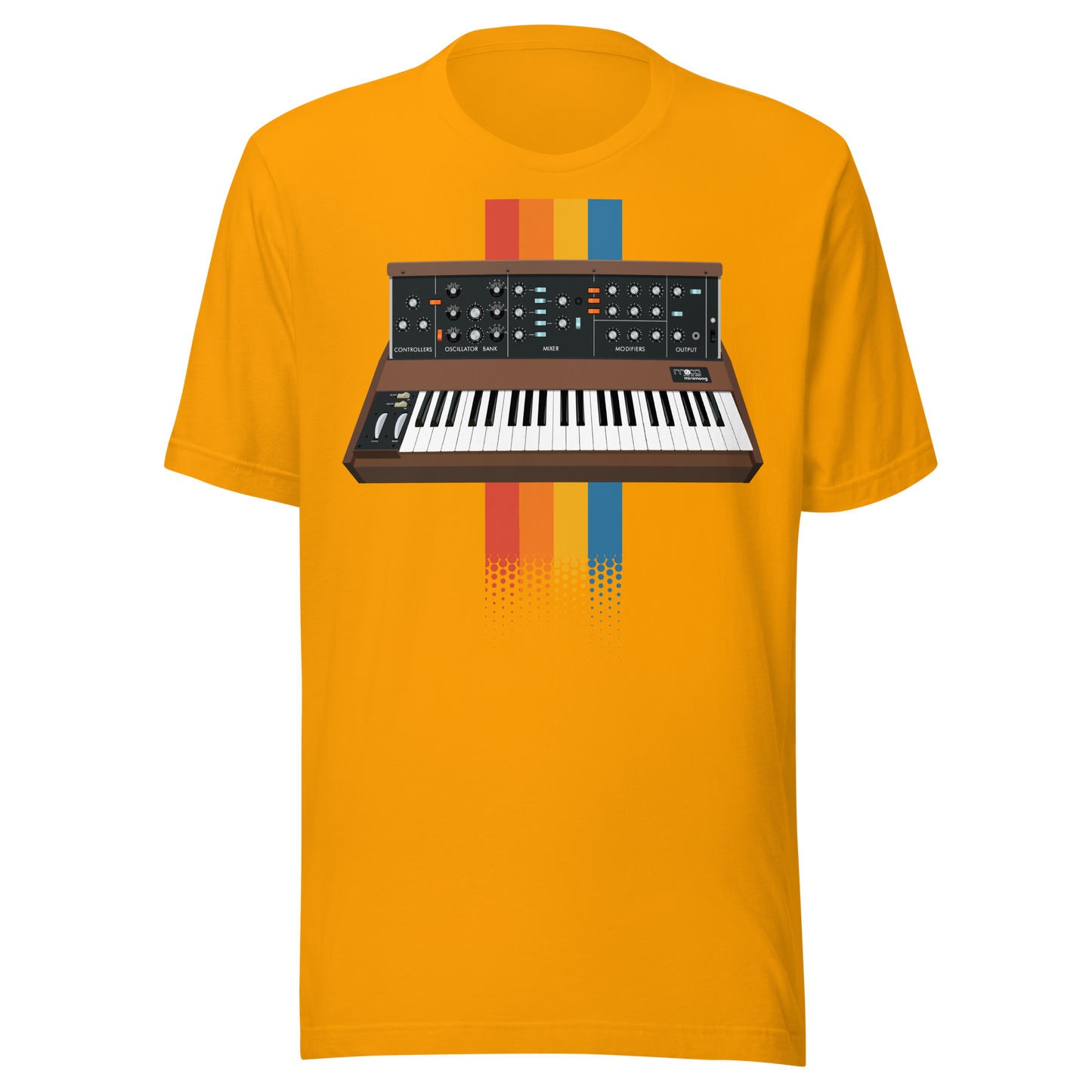 Moog Synthesizer T Shirt gold tee with Minimoog and Model D-style synth graphic