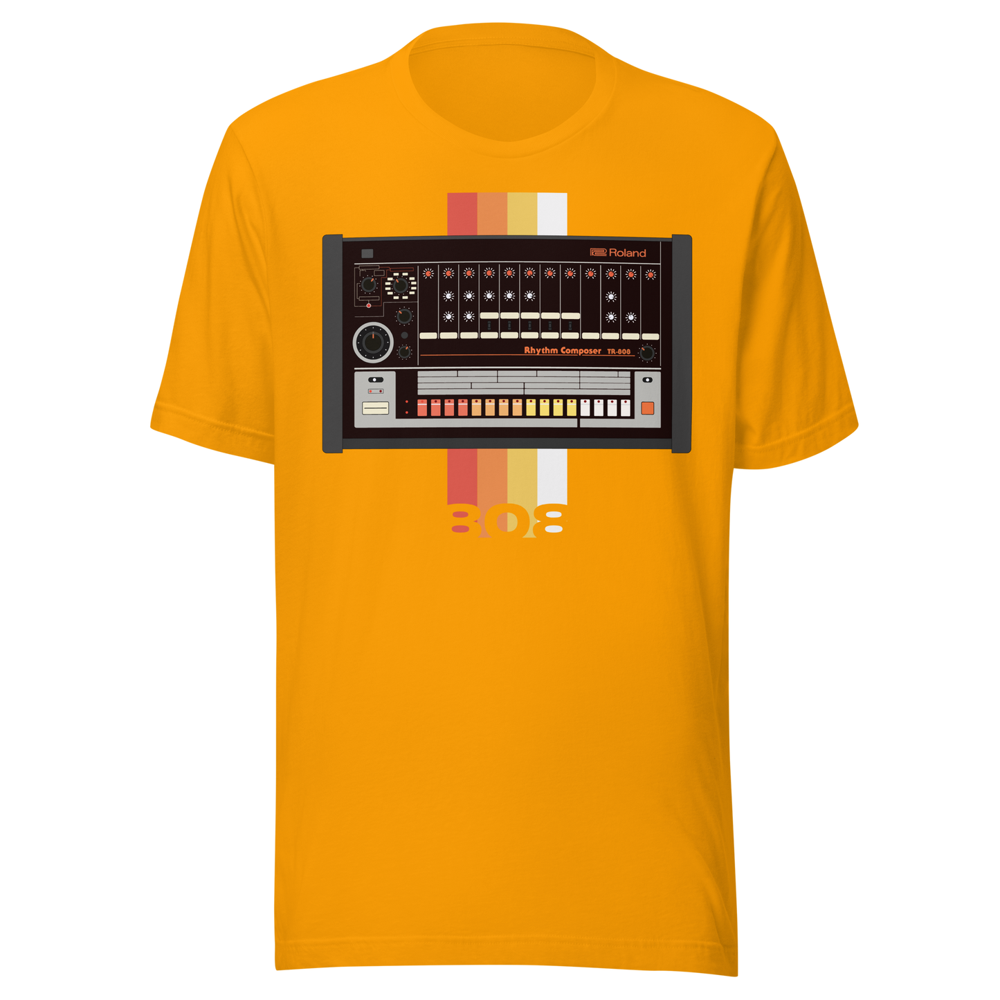 Roland 808 T Shirt gold tee with TR-808-inspired drum machine graphic