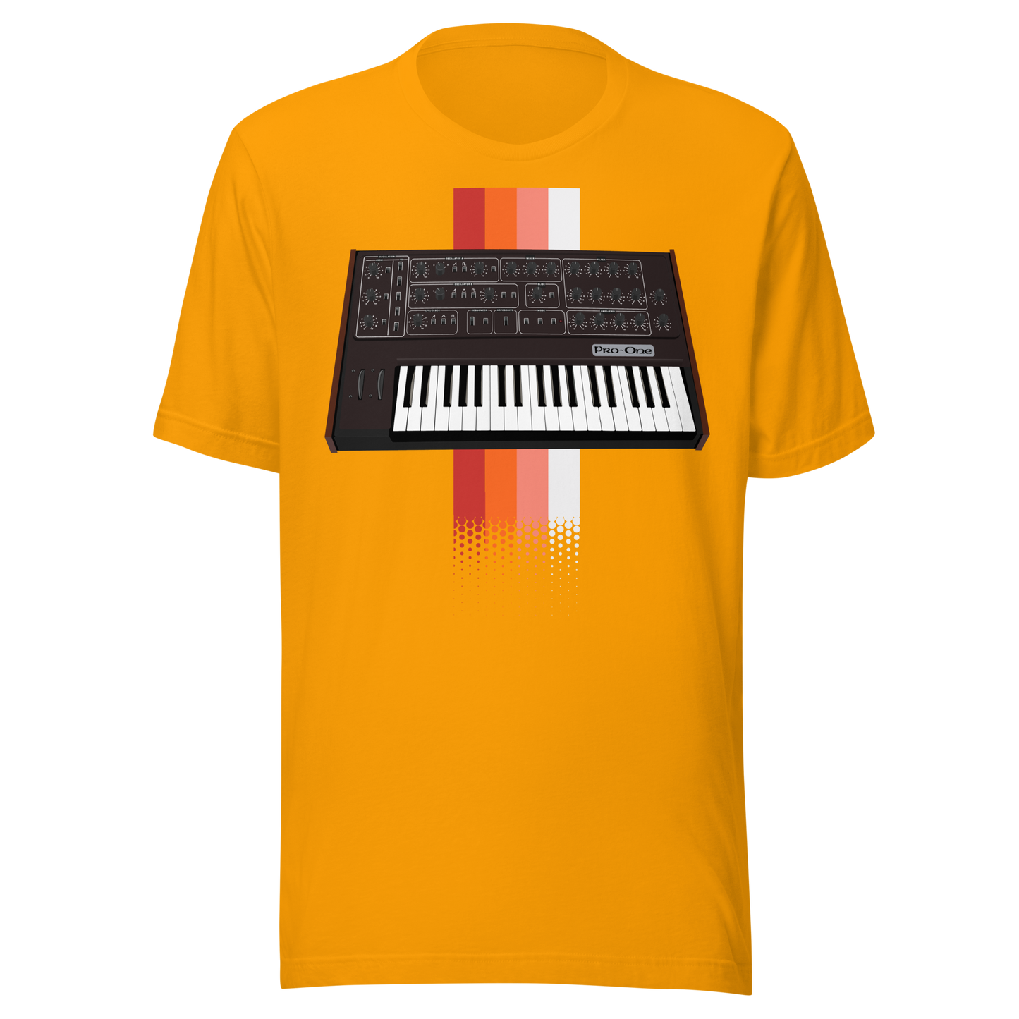 Pro One T Shirt gold tee with Sequential Circuits Pro-One-inspired synth graphic