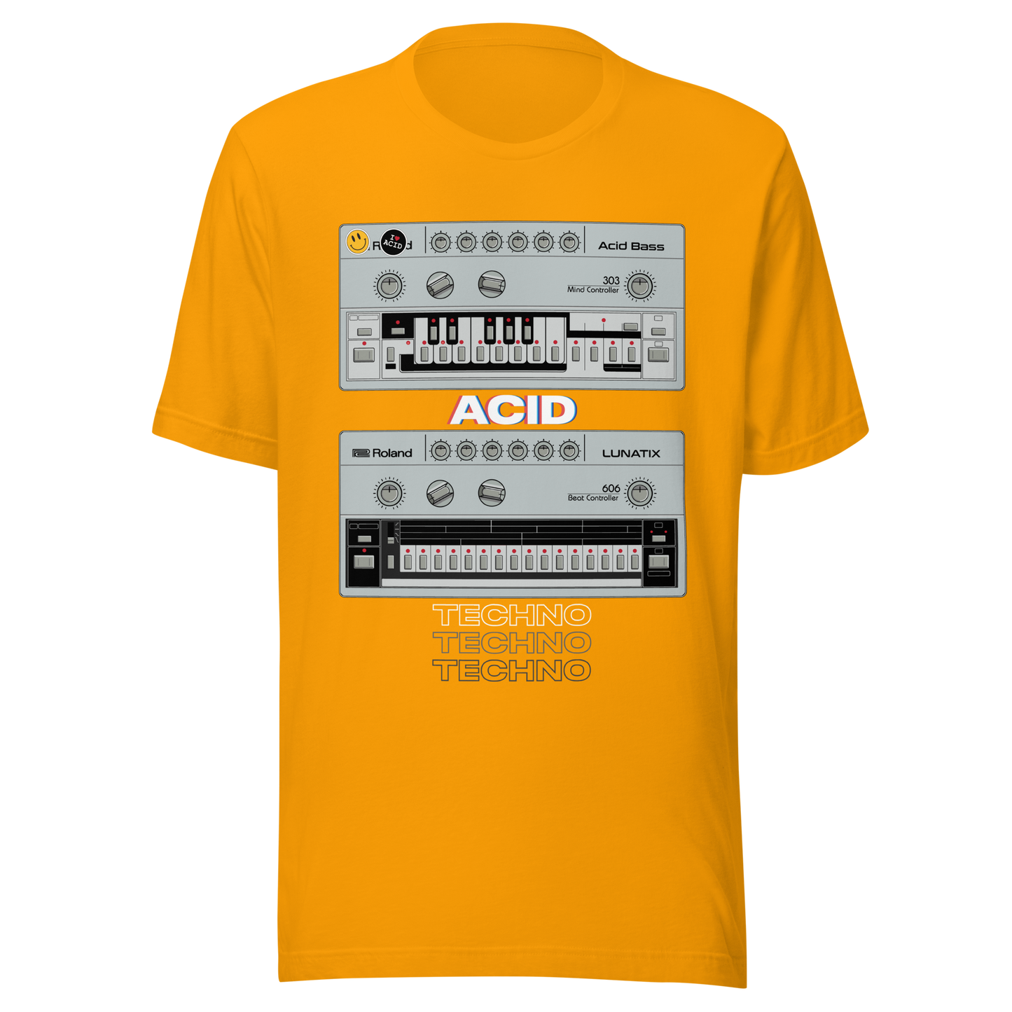 Acid Techno T Shirt gold tee with 303 bass synth and 606 drum machine-inspired graphic