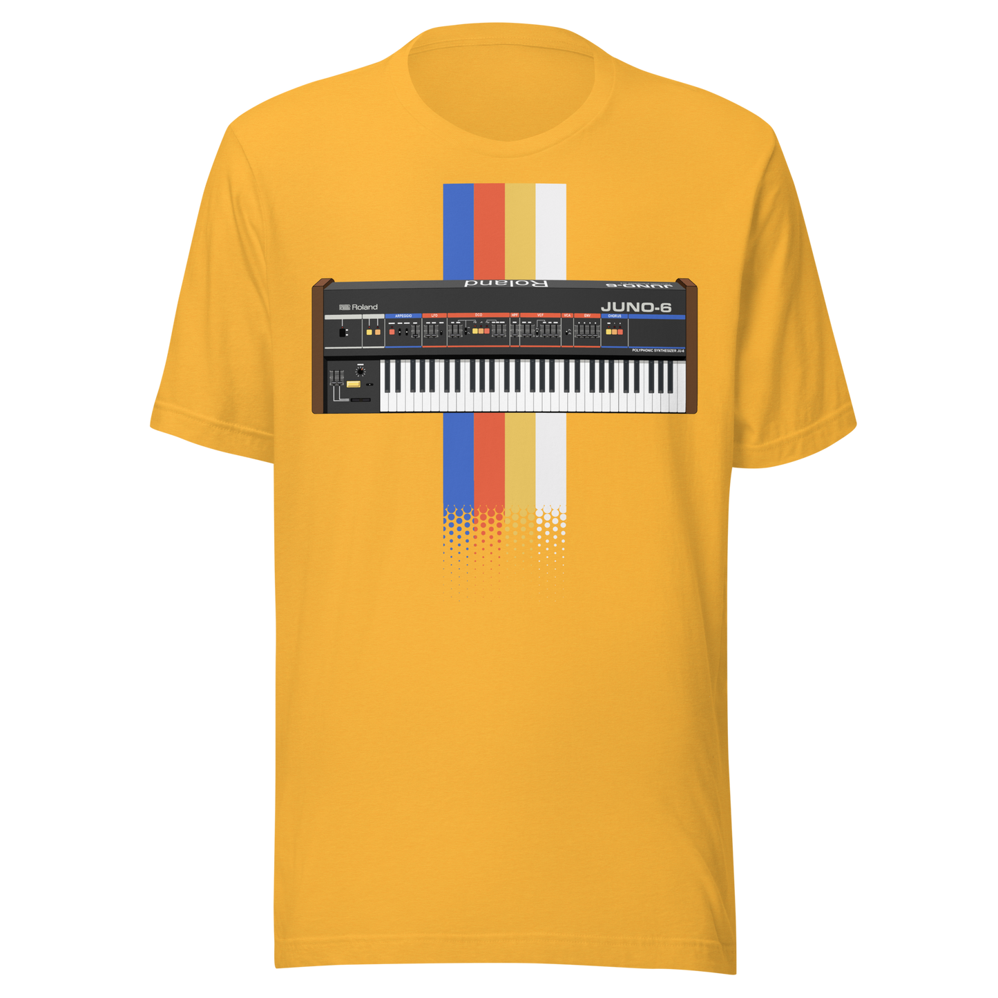 Roland Juno T Shirt heather yellow gold tee with Juno-style analogue synthesizer graphic