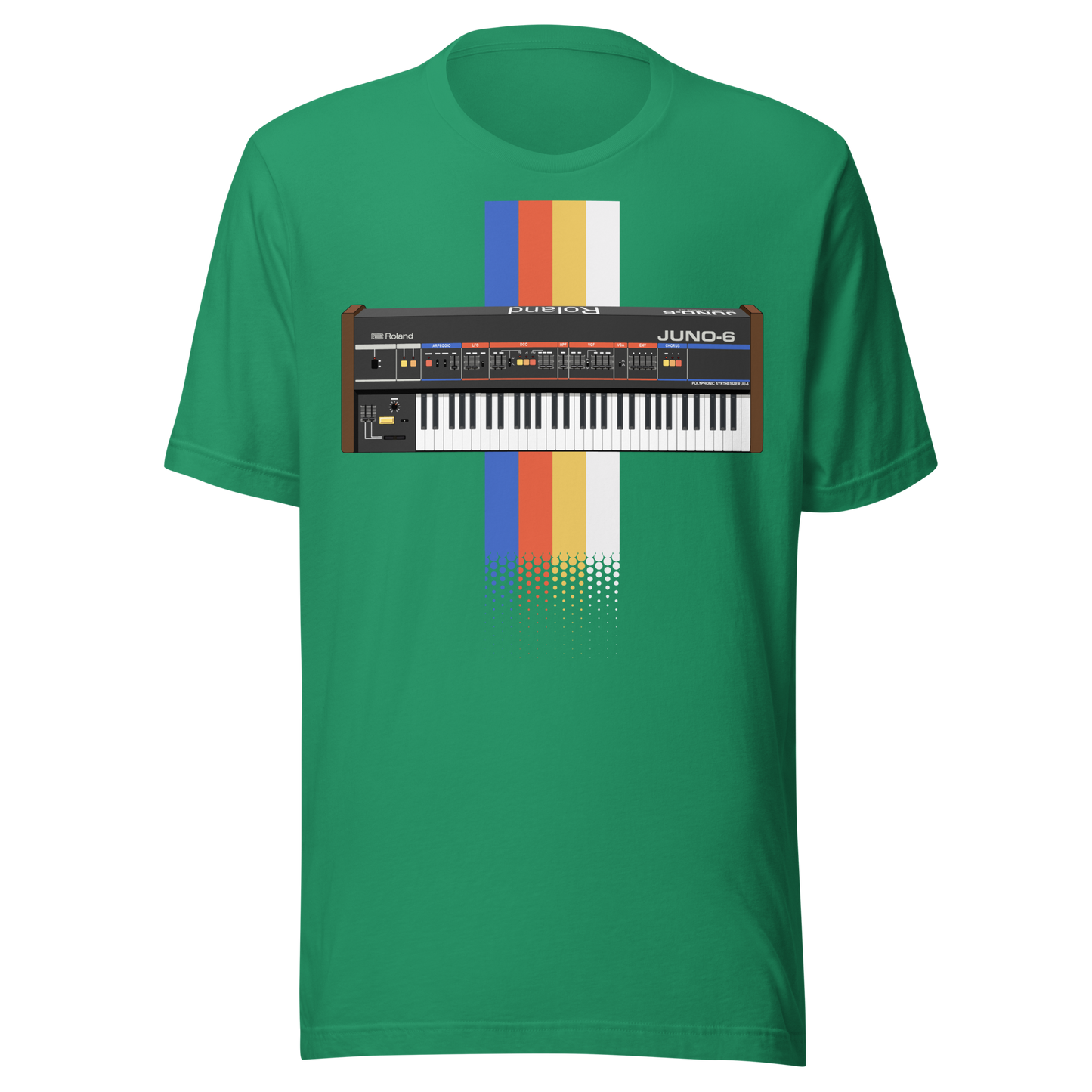 Roland Juno T Shirt kelly tee with Juno-style analogue synthesizer graphic
