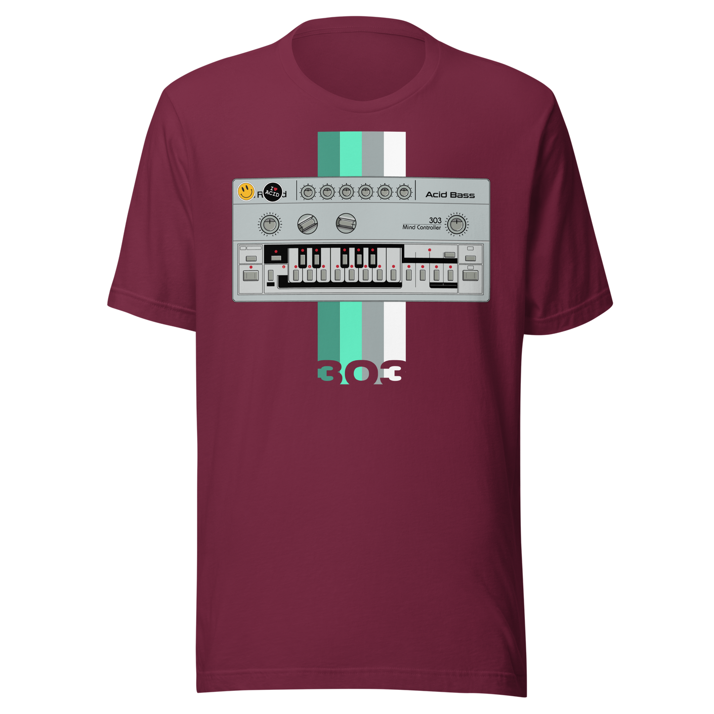 TB 303 T Shirt maroon tee with Roland TB-303-inspired acid house synth graphic