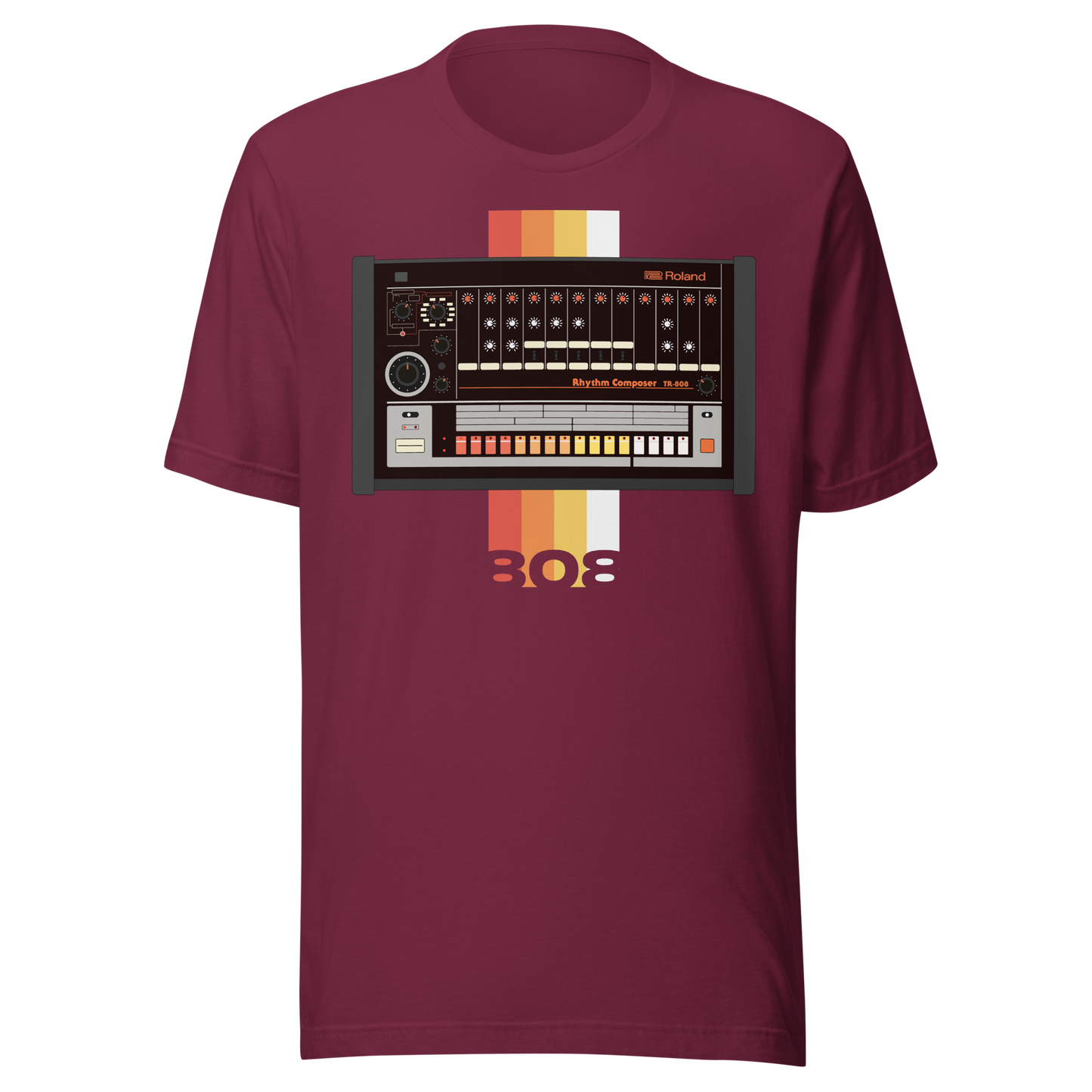 Roland 808 T Shirt maroon tee with TR-808-inspired drum machine graphic