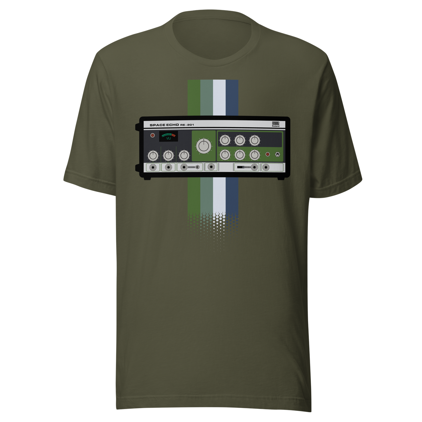 Space Echo T Shirt military green tee with Roland Space Echo-inspired tape delay graphic