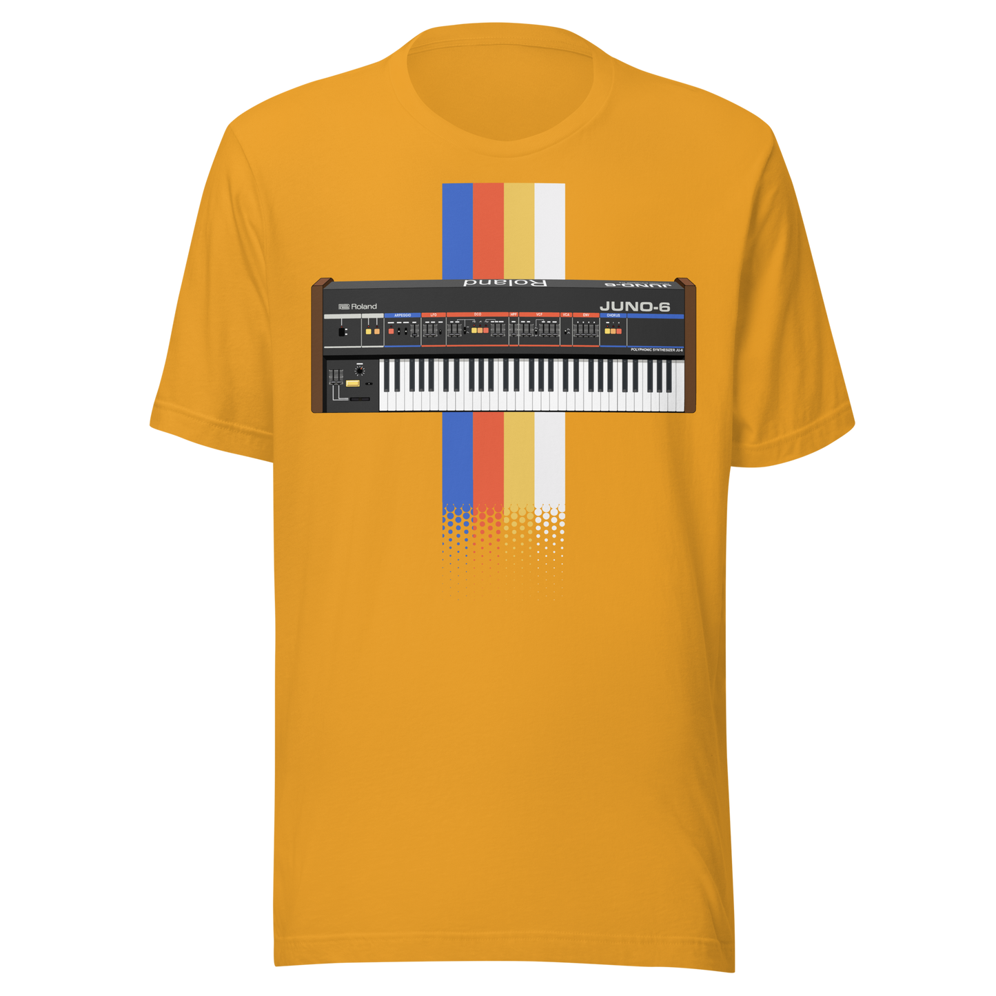 Roland Juno T Shirt mustard tee with Juno-style analogue synthesizer graphic