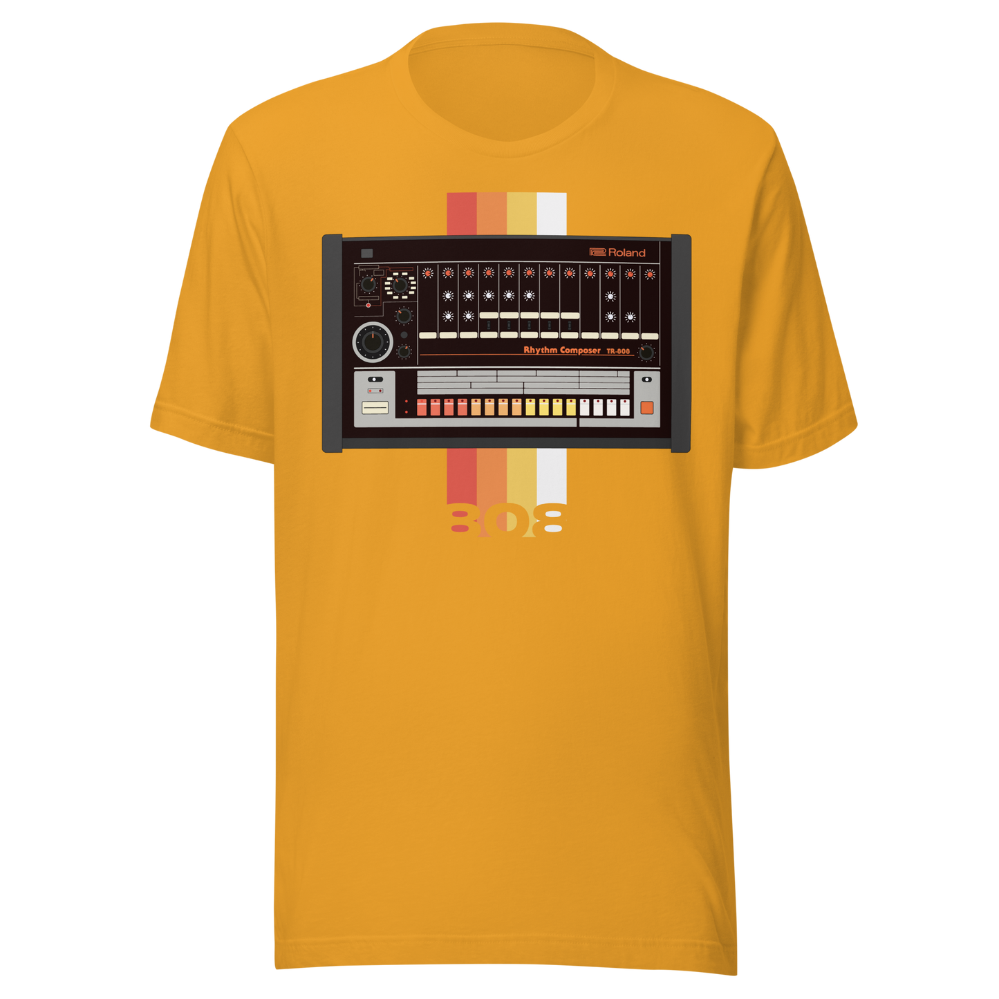 Roland 808 T Shirt mustard tee with TR-808-inspired drum machine graphic