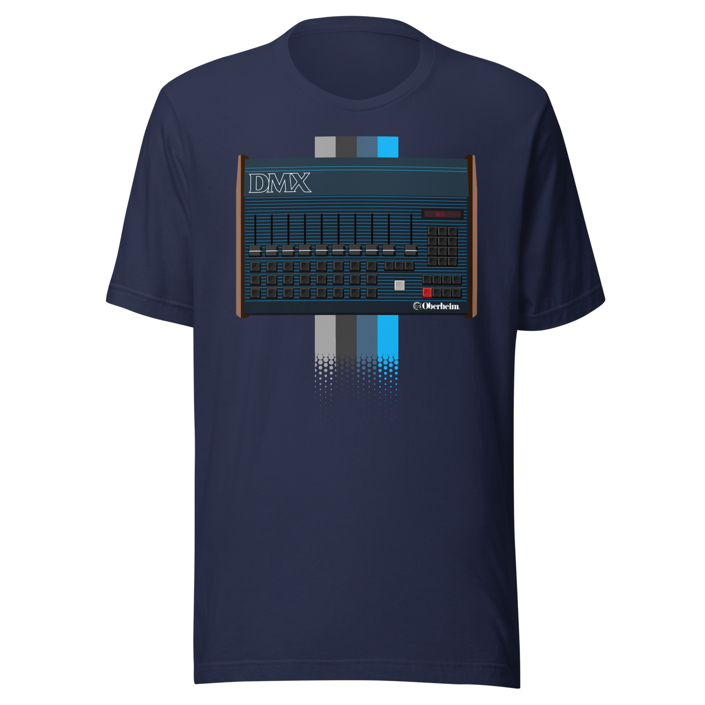 DMX T Shirt navy tee with Oberheim DMX-inspired drum machine graphic