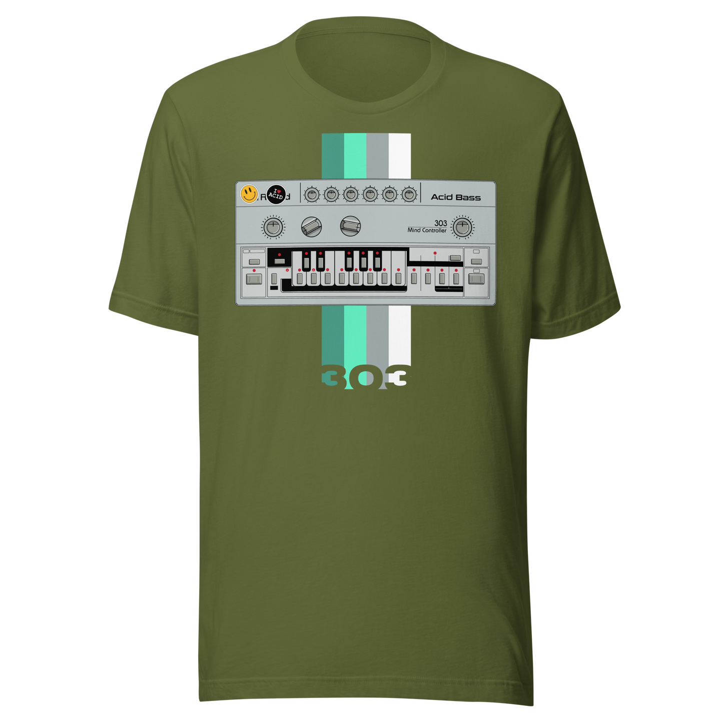 TB 303 T Shirt olive tee with Roland TB-303-inspired acid house synth graphic