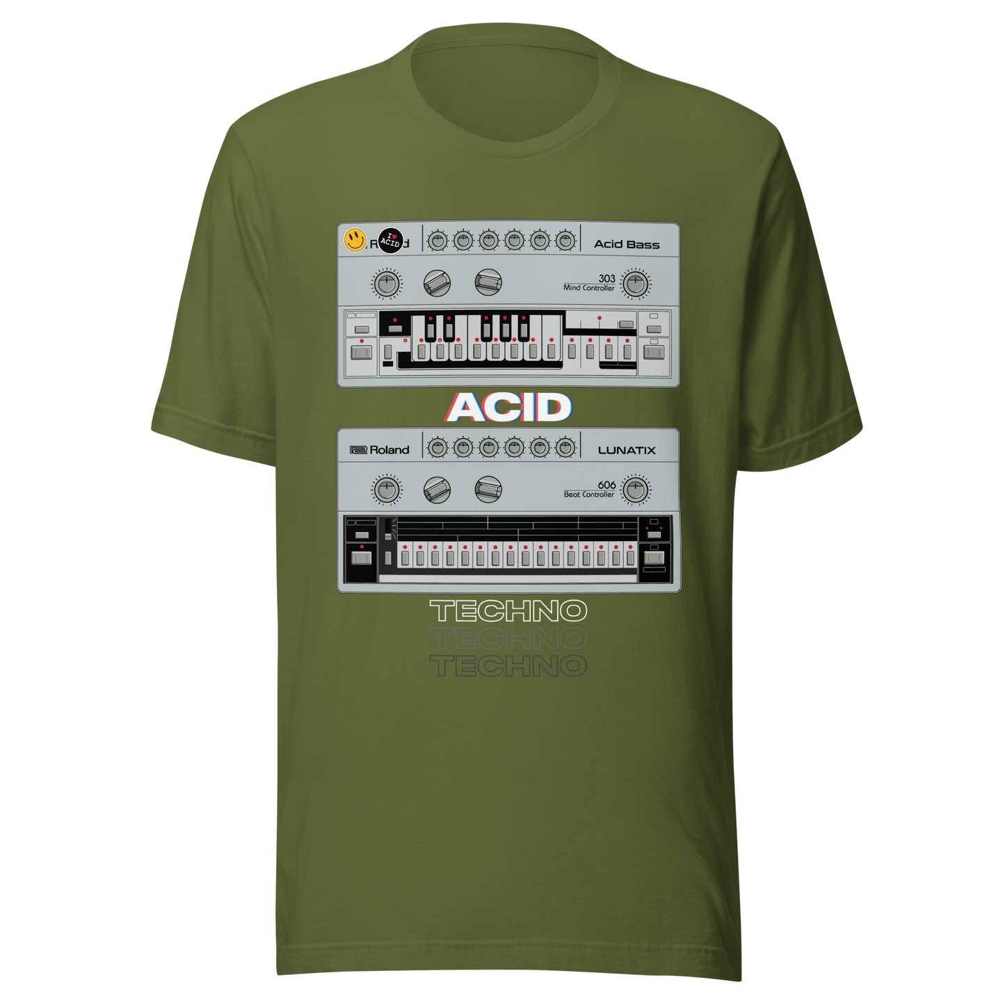 Acid Techno T Shirt olive tee with 303 bass synth and 606 drum machine-inspired graphic