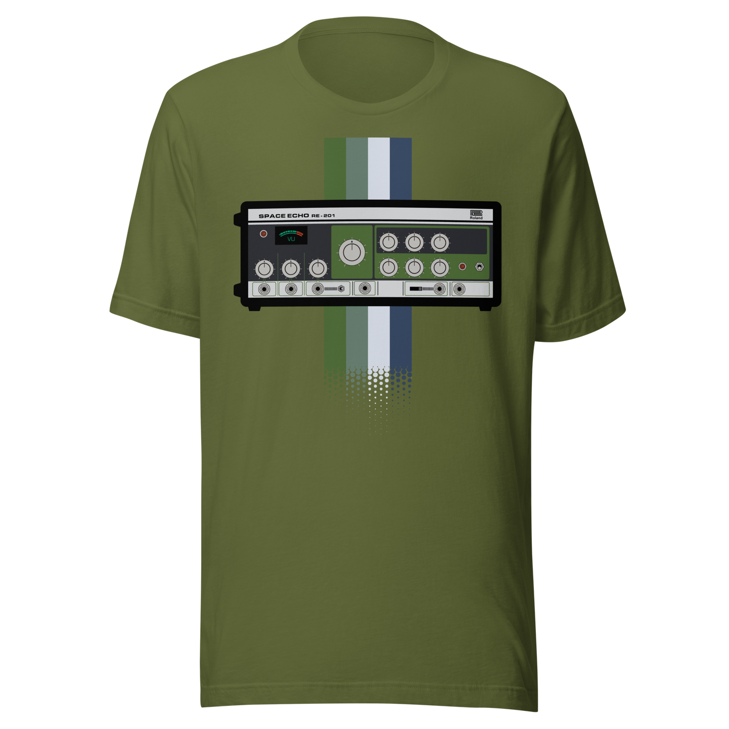 Space Echo T Shirt olive tee with Roland Space Echo-inspired tape delay graphic