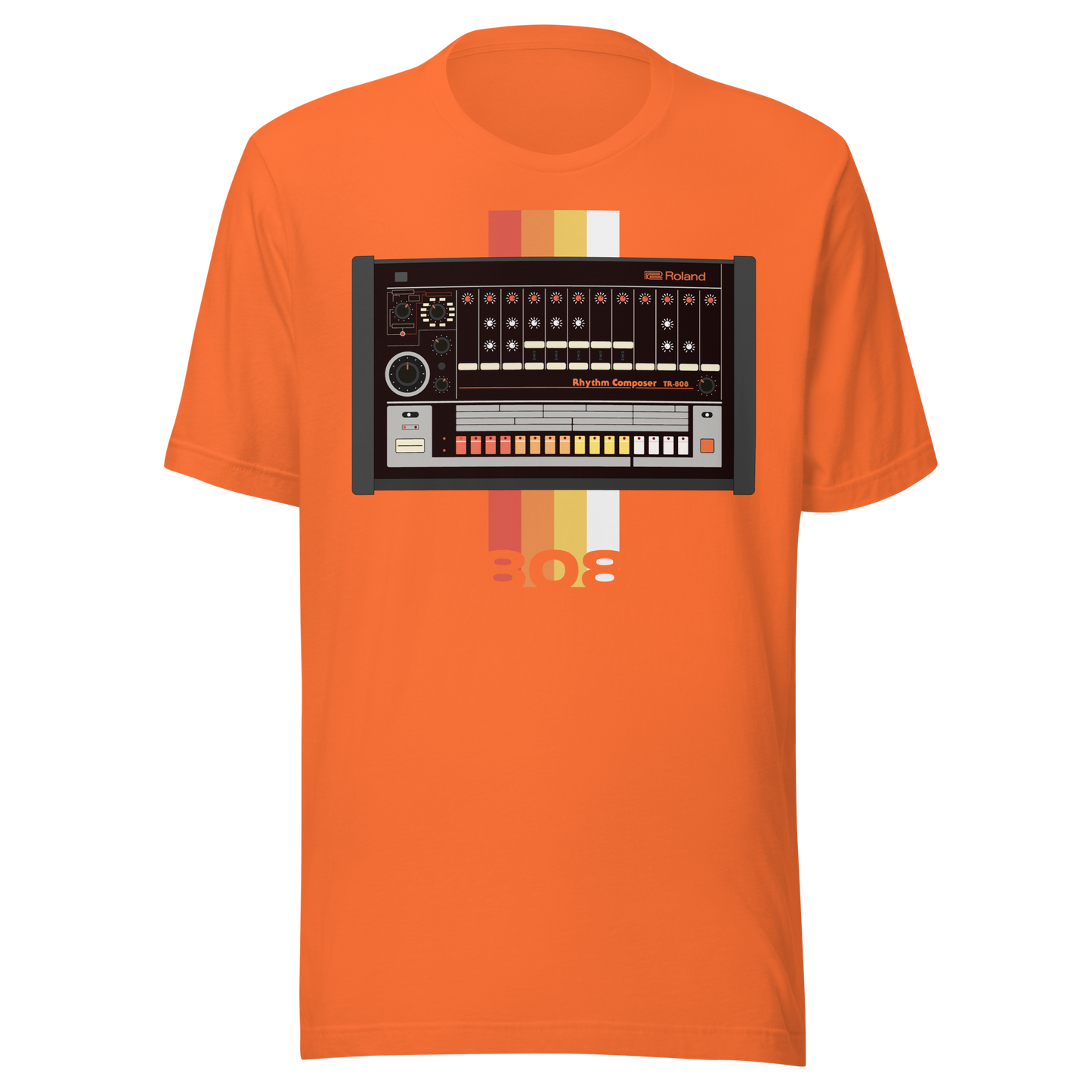 Roland 808 T Shirt orange tee with TR-808-inspired drum machine graphic