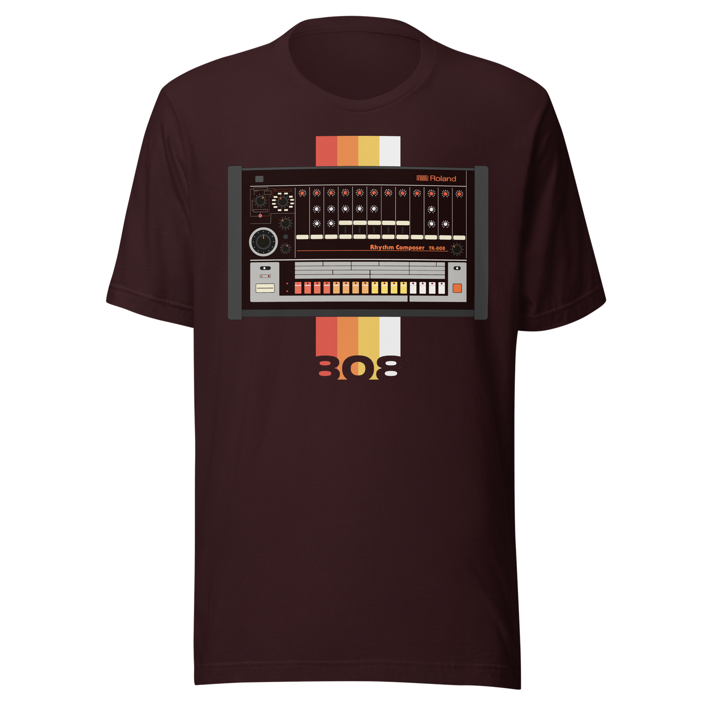 Roland 808 T Shirt oxblood black tee with TR-808-inspired drum machine graphic