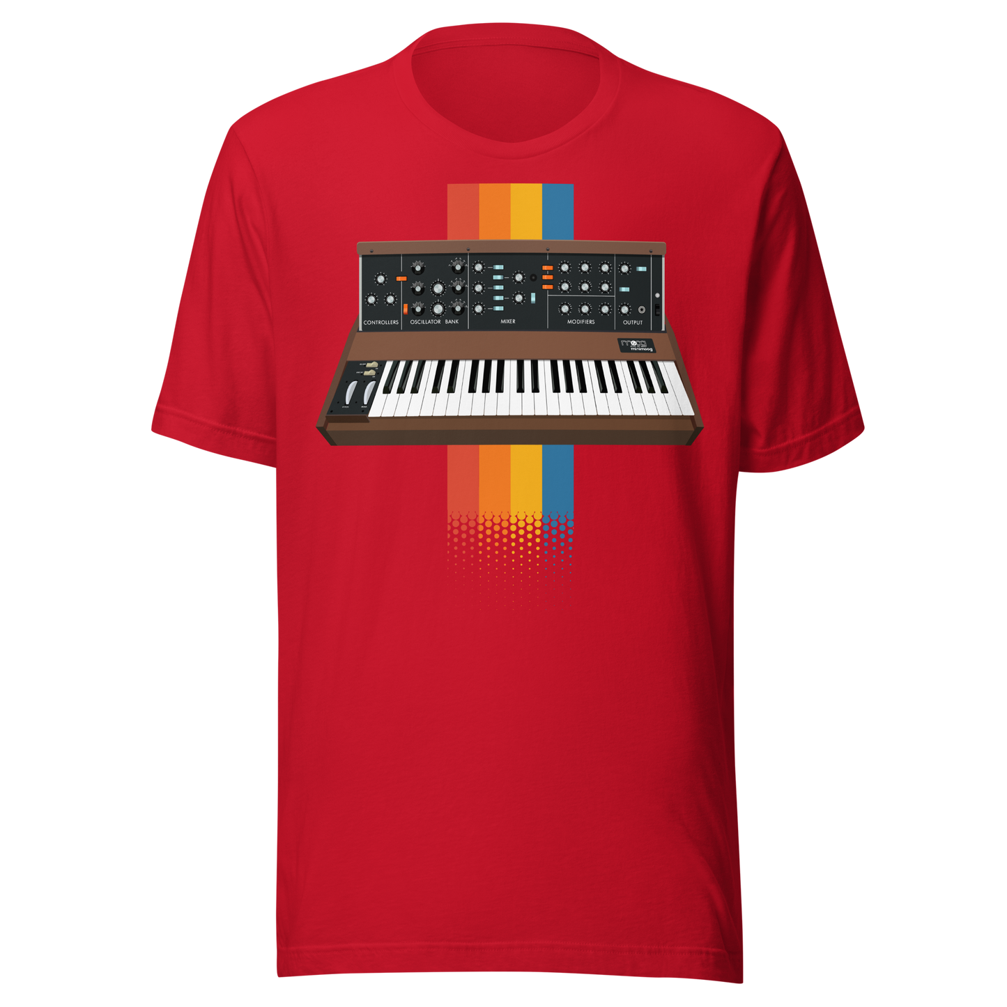 Moog Synthesizer T Shirt red tee with Minimoog and Model D-style synth graphic